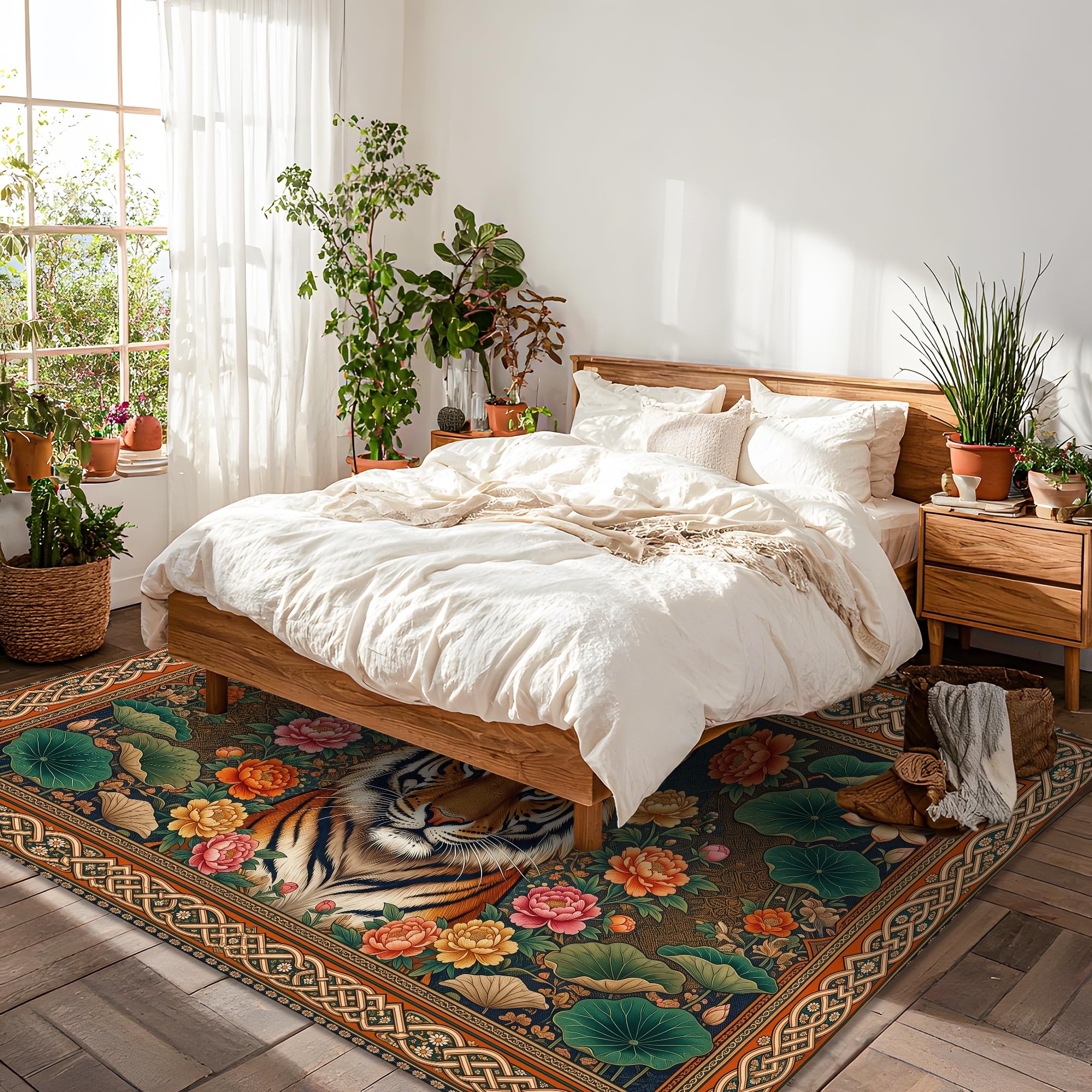 Tapis oriental botanique tigre et pivoine, 1,5 x 2,1 m