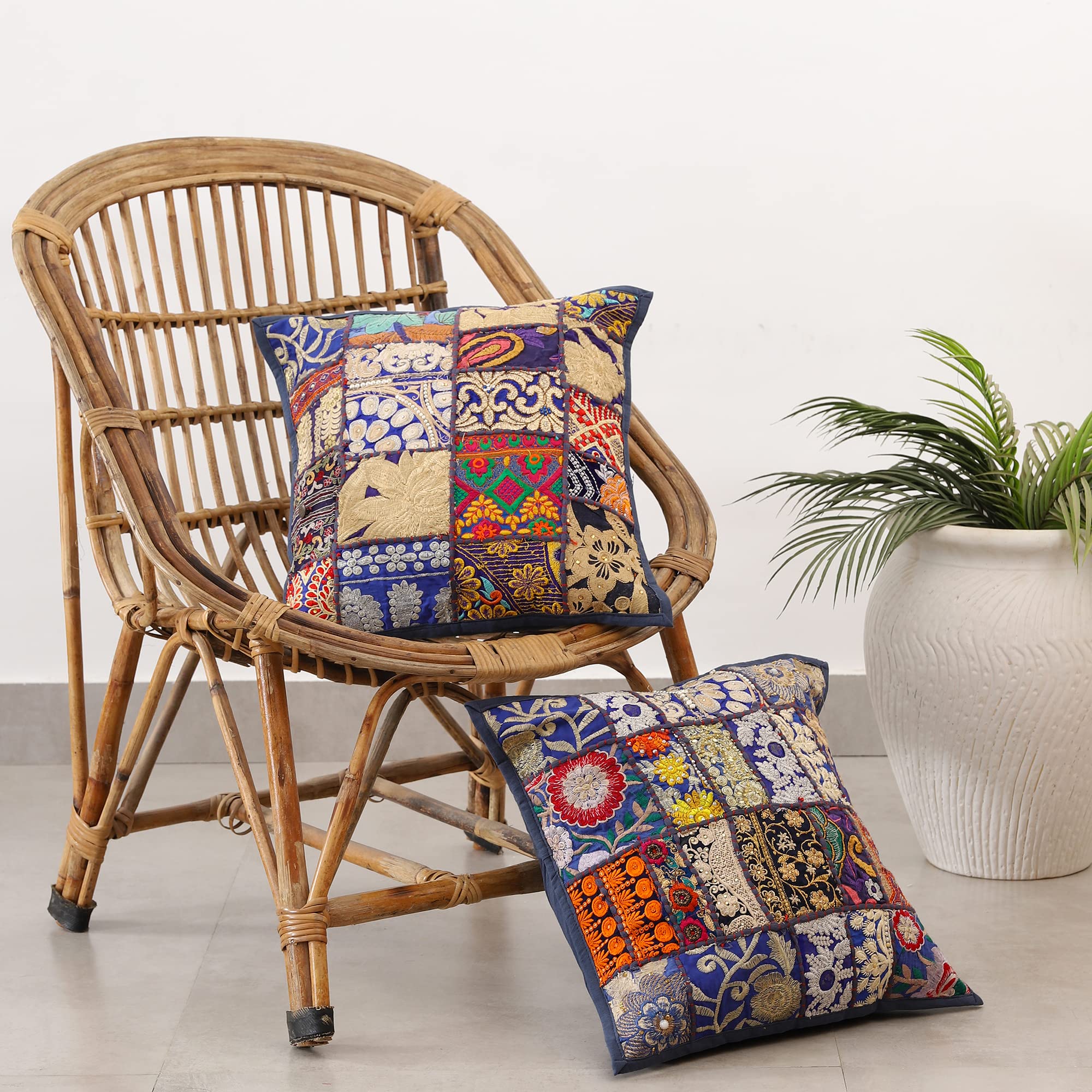 Ravaiyaa - Attitude is everythingRavaiyaa - Attitude is everything Set of 2 PC Home Sofa Decor Cotton Cushion Cover, Handmade Khambadiya Patchwork Pillow Case, Embroidery Cushions (Blue)