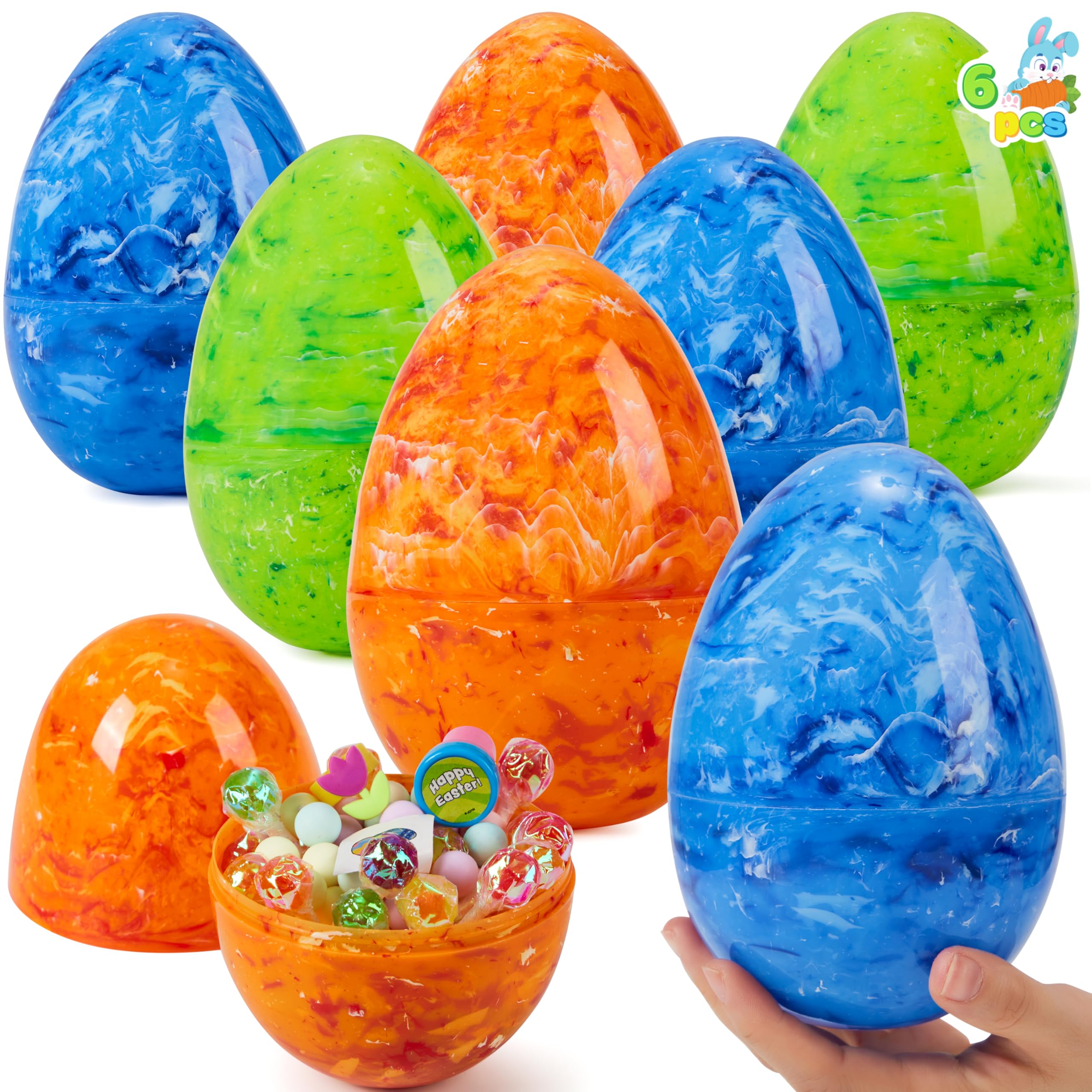 JOYIN 6 Pcs Large Marble Easter Eggs, 6 Inches Jumbo Plastic Eggs Fillable for Easter Themed Hunt Basket Stuffers Fillers Filling Treats Party Favor Classroom Prize Supplies