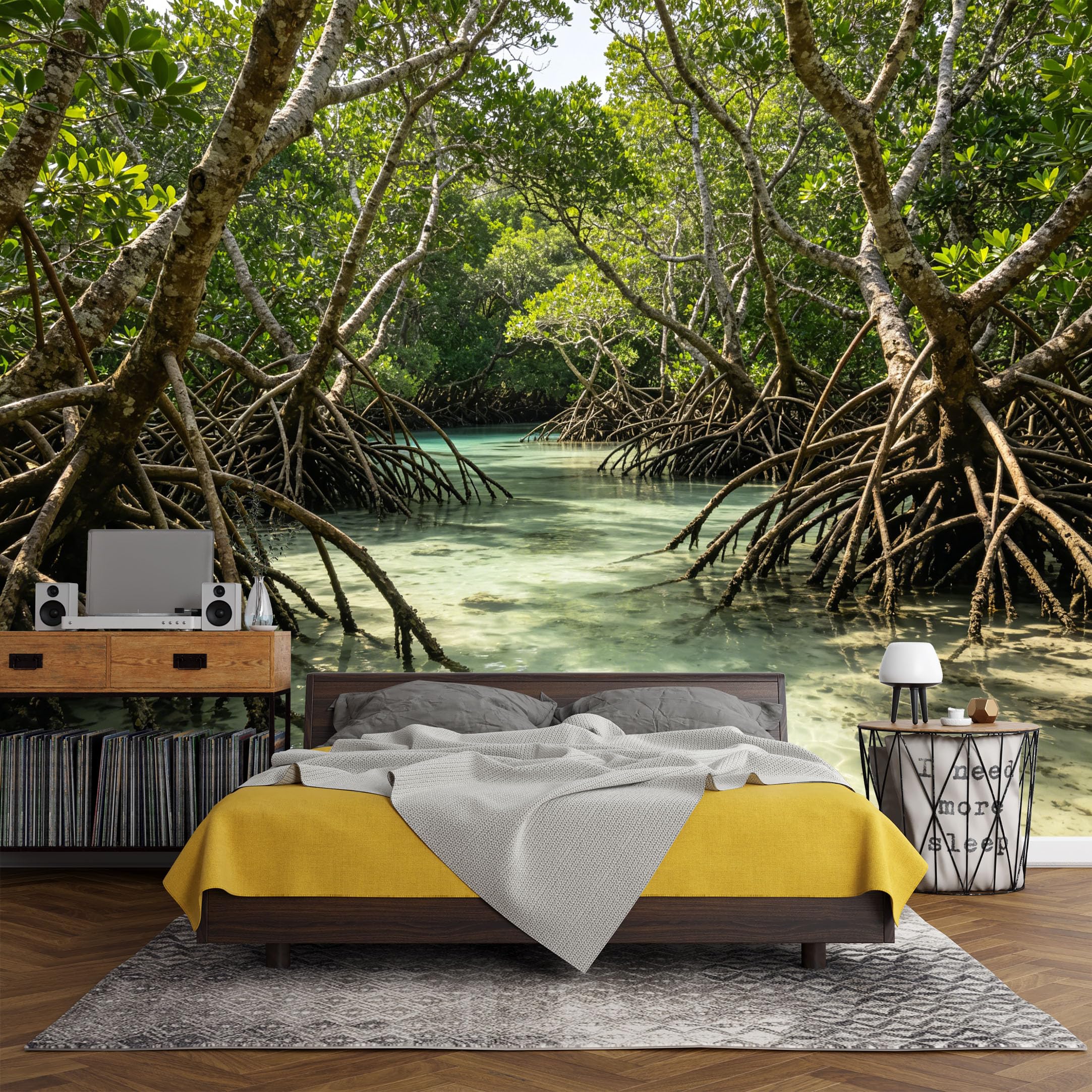 Custom Size Wall Mural， Tropical Mangrove Forest Lagoon Roots Water Reflection，SelfAdhesive Art Prints wall Fabric (No PVC) Removable Wallpaper Living Room Decor