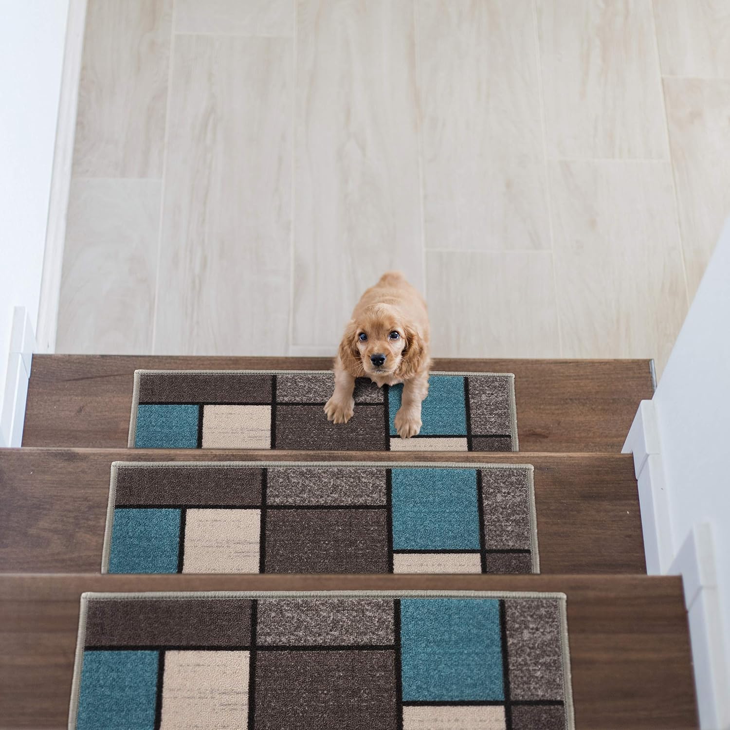 Rugshop Contemporary Modern Boxes Non-Slip Stair Treads (Set of 13) 8.6 x 26 Blue