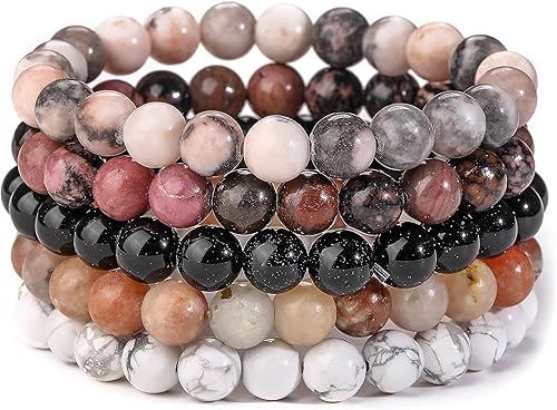 5 pulseras de piedras semipreciosas Paquete de regalo Pulseras de cuentas de piedra de cristal curativo para mujeres y hombres, pulseras elásticas