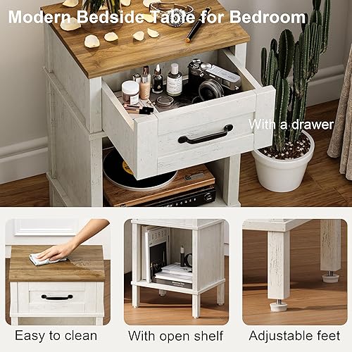 Vista 6 de Mesita de noche blanca de estilo granja con cajón, pequeña mesa de noche de madera, mesita blanca, mesa auxiliar de dormitorio con almacenamiento