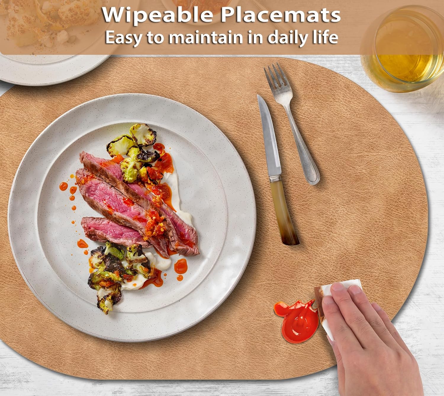 ADRIMER Placemats, Heat Resistant Oval Placemats Set of 4 Washable 12 x 17 Inch, Waterproof Table Mats, Wipeable Pu Place Mats for Kitchen, Dining Room, Light Brown
