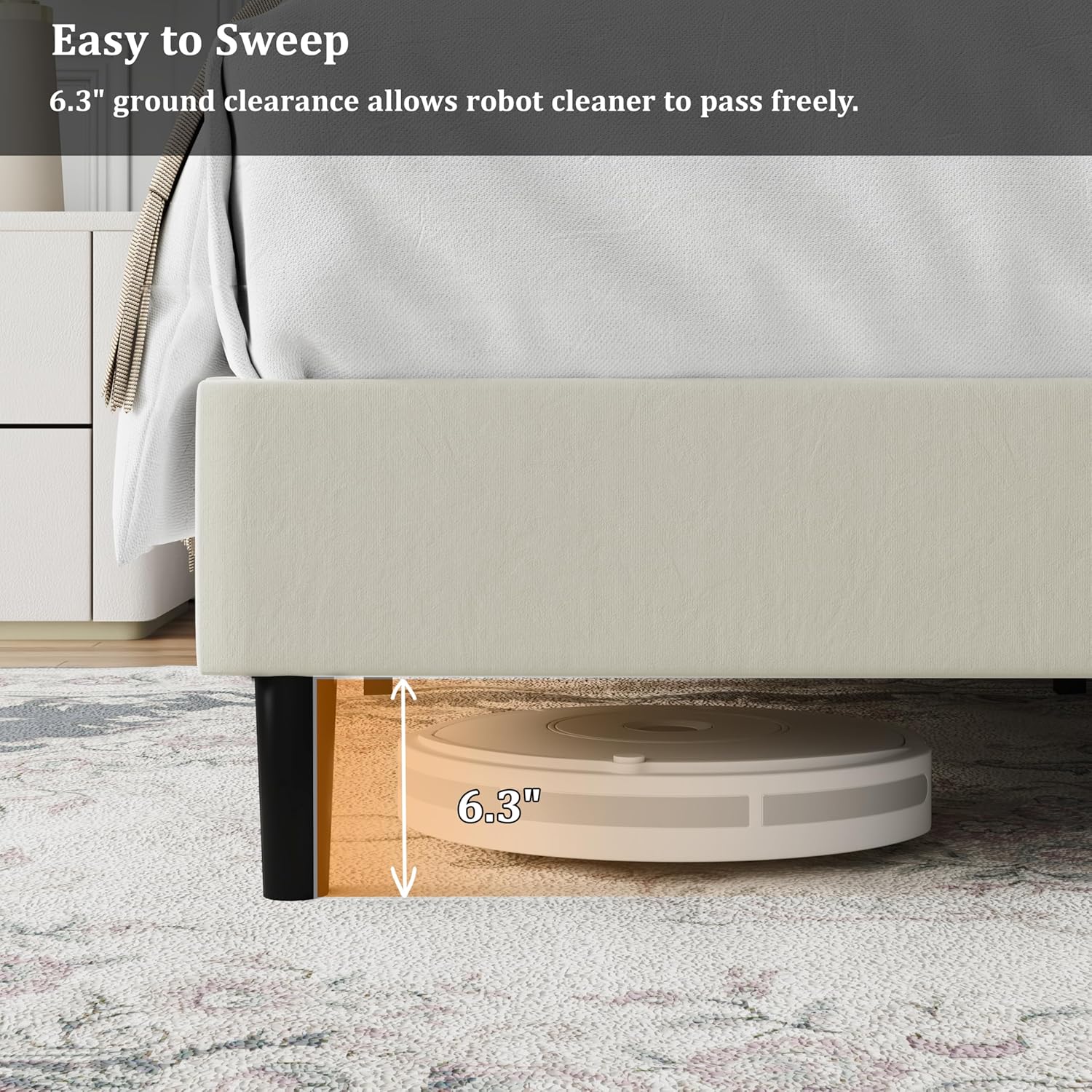 Queen Size Bed Frame Platform with Velvet Upholstered Headboard, Sturdy Wooden Slats, No Spring Box, No Noise, Easy to Assemble, Bedframe with Strong Wooden Slats, Beige - Image 7