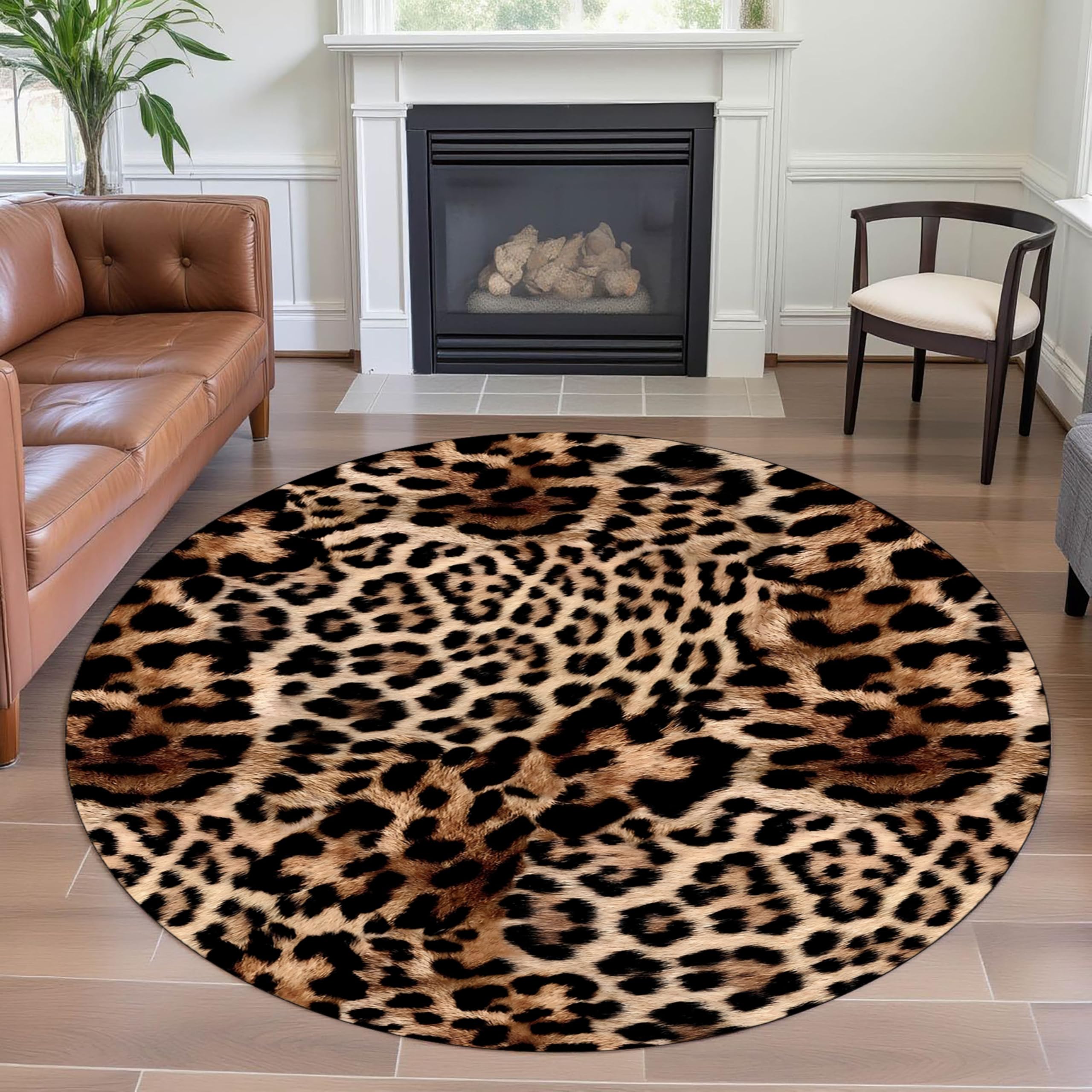 Brauner Leopardenmuster Runder Teppich 120cm - rutschfest & fusselarme waschbare Auslegware, weicher Tierprint Bodenmatte für Wohnzimmer, Schlafzimmer, Büro
