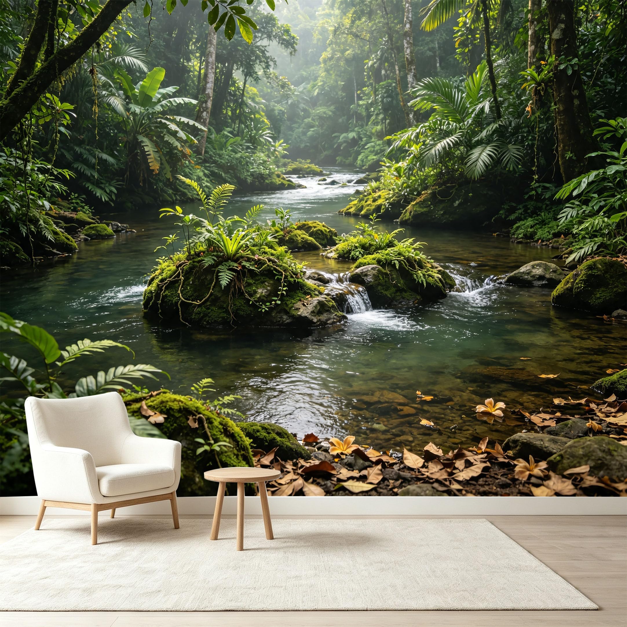 Custom Size Wall Murals Tropical Rainforest Stream Landscape Botanical Ferns Rocks Self-Adhesive Wall Fabric Removable Wallpaper Wall Decor for Living Room Bedroom Bathroom