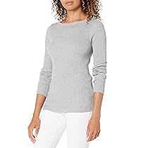 Amazon Essentials Maglione Aderente con Scollo a Barchetta a Maniche Lunghe Leggero a Coste Donna, Grigio Chiaro Puntinato, S