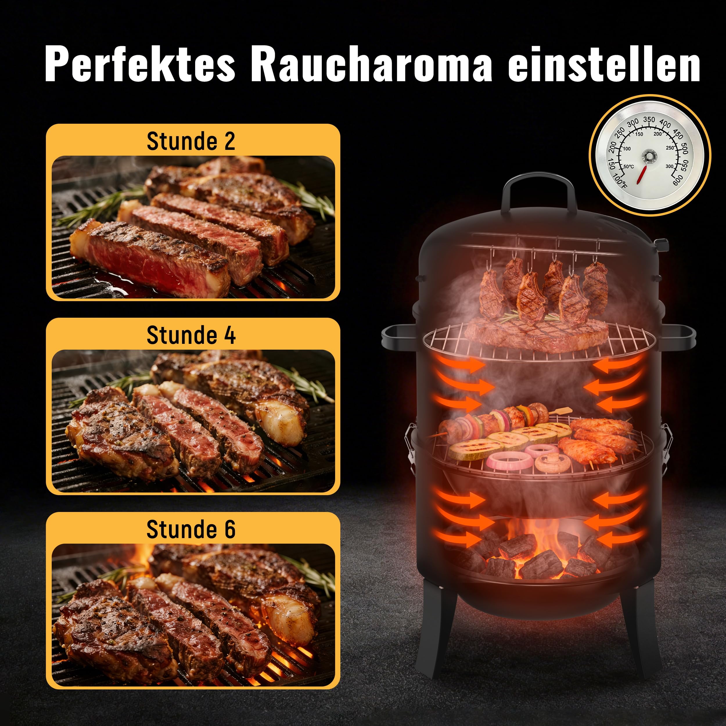 3-in-1 Smoker Grill, Räucherofen und Räuchertonne | Deckelthermometer, verstellbare Luftklappe, als Holzkohle Grill, Smoker und Feuerstelle Outdoor