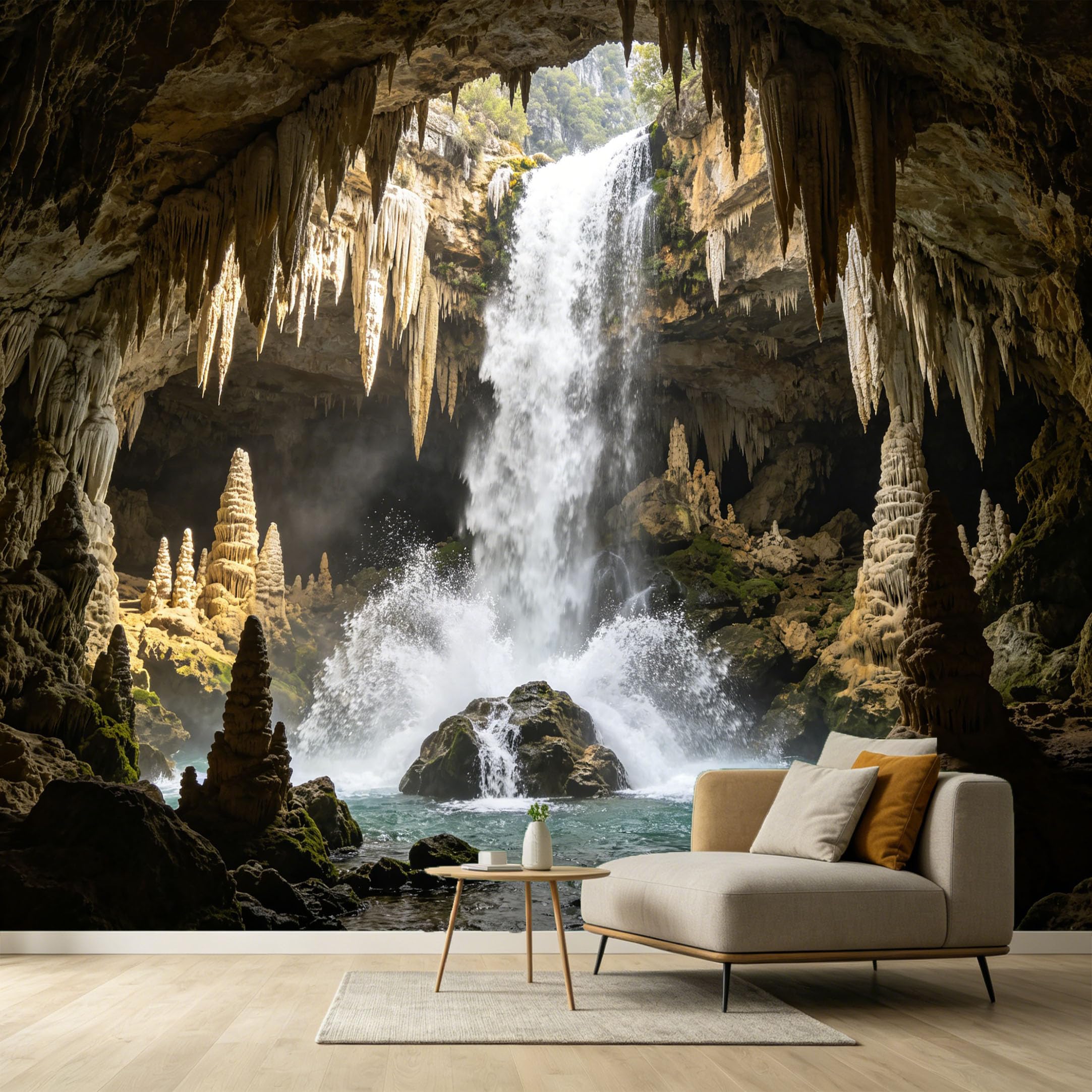 Custom Size Wall Murals Waterfall Cave Landscape 3D Trompe L'Oeil Stalactite Stalagmite SelfAdhesive Wall Fabric Removable Large Wallpaper for Photo Living Room