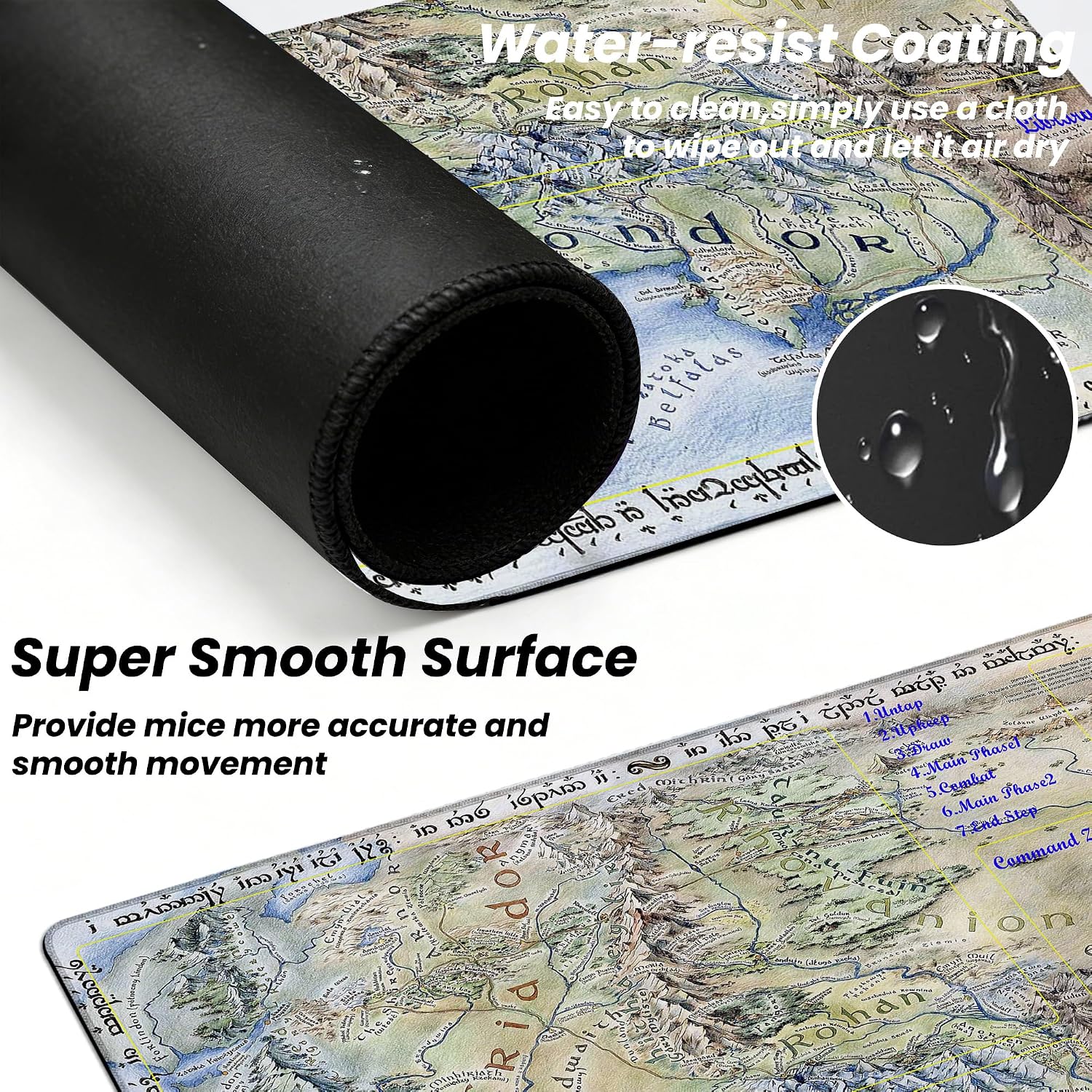 MTG Playmat, TCG Card Game Mat 24x14 Inch, Stitched Edge-Locking, Non-Slip Rubber Play Mat for Magic The Gathering, Trading Card Game Tabletop Mat (Middle Earth Map,with Zone)