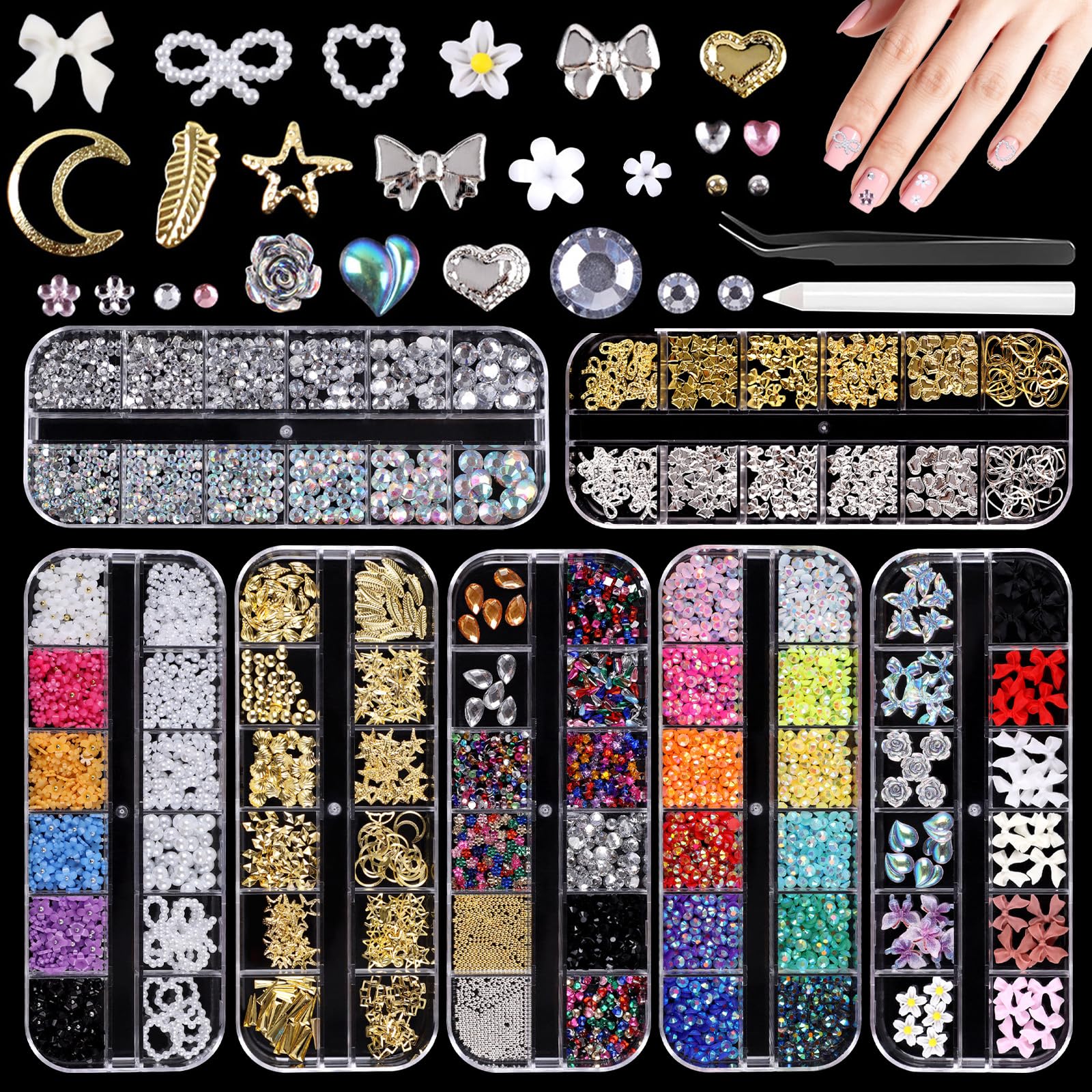 Solivive Lot de 7 Boîtes Strass Ongle Nail Art avec Bijoux Ongles, Nail Art Décorations 3D- avec Stylo à Cire pour Strass et Pinces à épiler