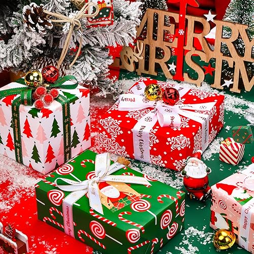 Miniatura 5 de WRAPAHOLIC Rollo de papel de regalo de Navidad, colección navideña de elfos, gnomos de Navidad, rojo, verde y rosa, 4 rollos, 30 x 120 pulgadas por