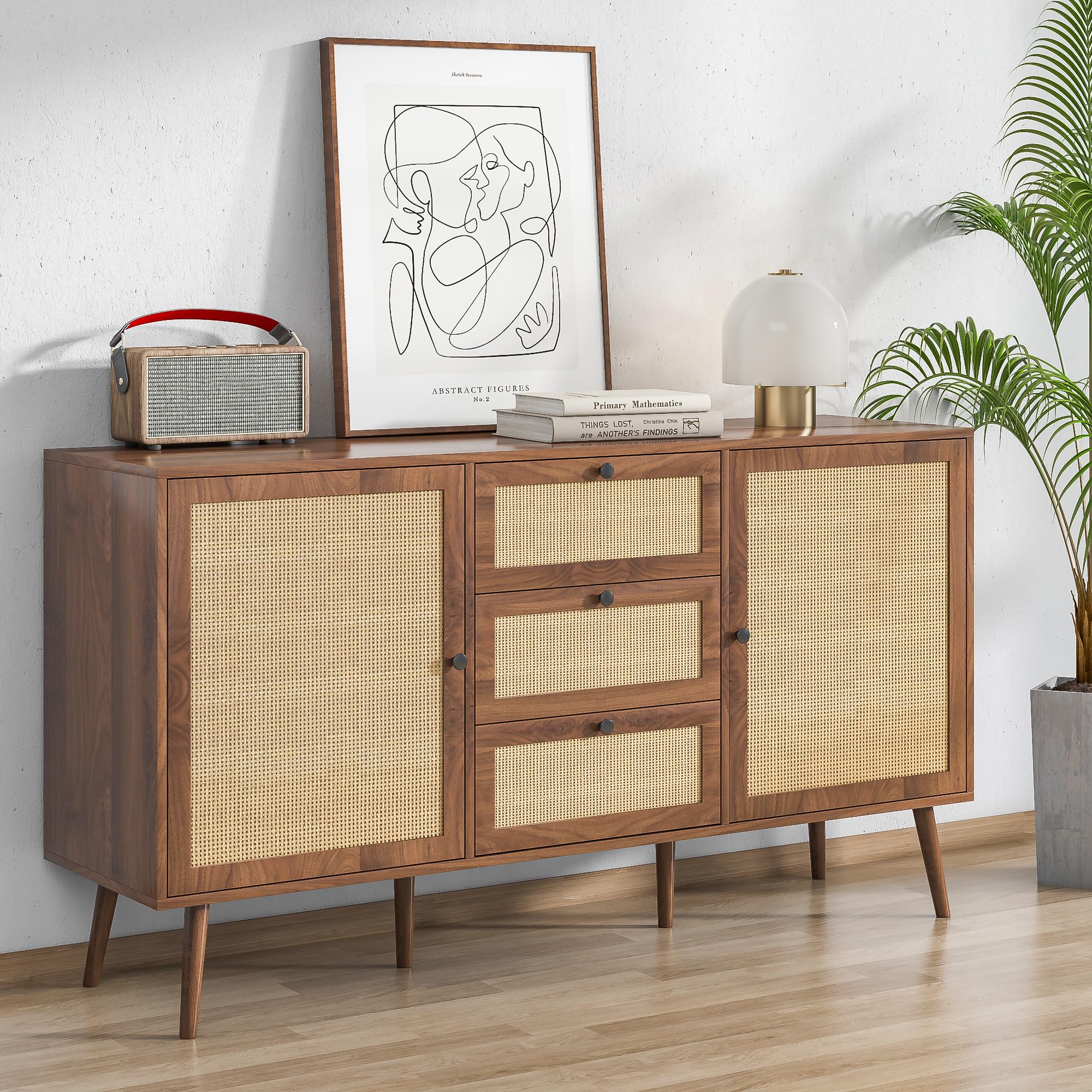 Rattan Sideboard Buffets Cabinet Farmhouse Boho Buffet Sideboard with 3 Drawers and 2 Doors Storage Cabinet Adjustable Shelves Console Table Cupboard