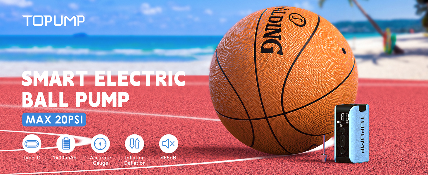 TOPUMP Bomba de pelota eléctrica, bomba de aire portátil, bomba de baloncesto con manómetro (máx. 20 psi), bomba de pelota de fútbol para pelotas deportivas, también baloncesto, voleibol, rugby