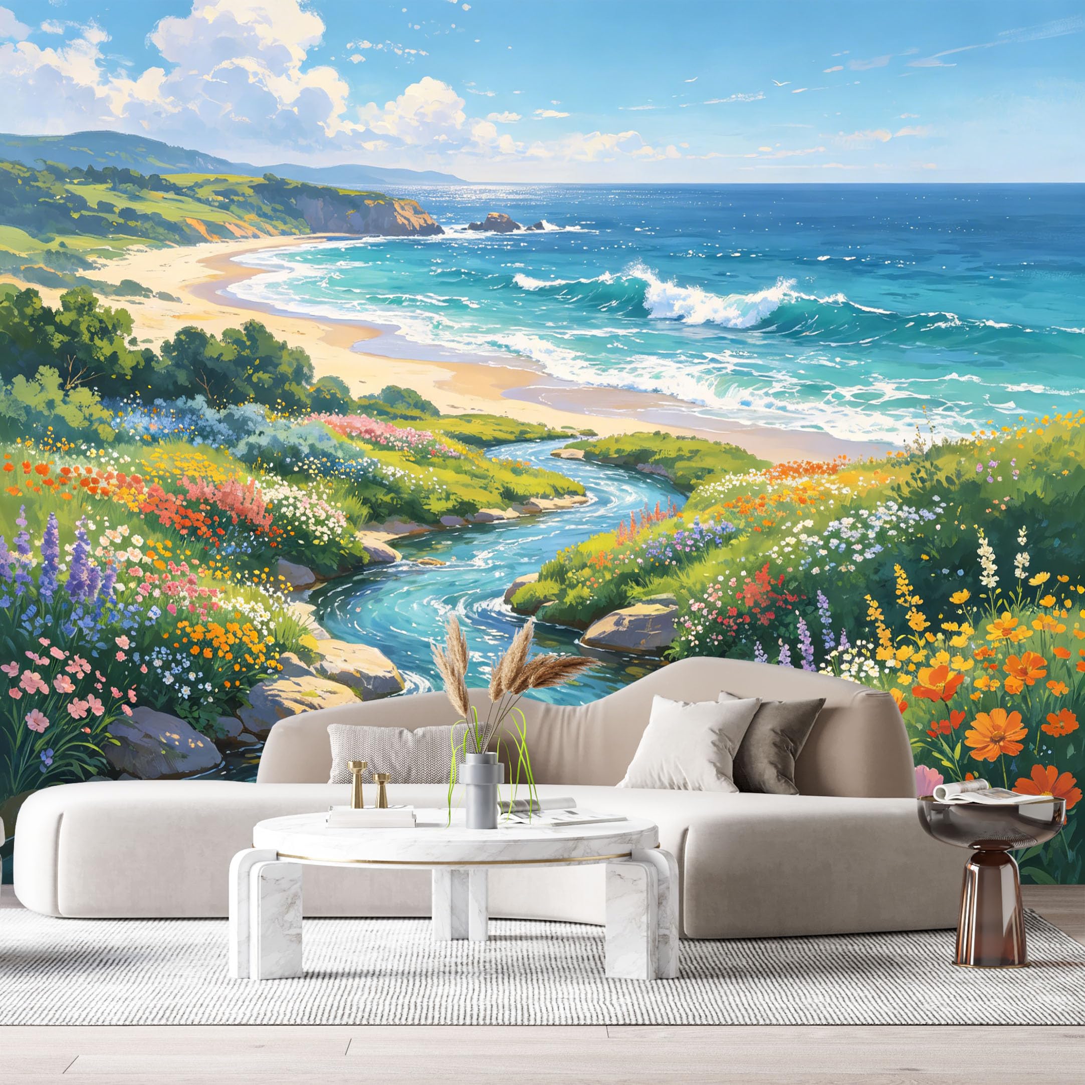 Custom Size Wall Murals Coastal Landscape Watercolor Ocean Marine Blooming Flowers Stream SelfAdhesive Wall Fabric Removable Large Wallpaper for Photo Living Room
