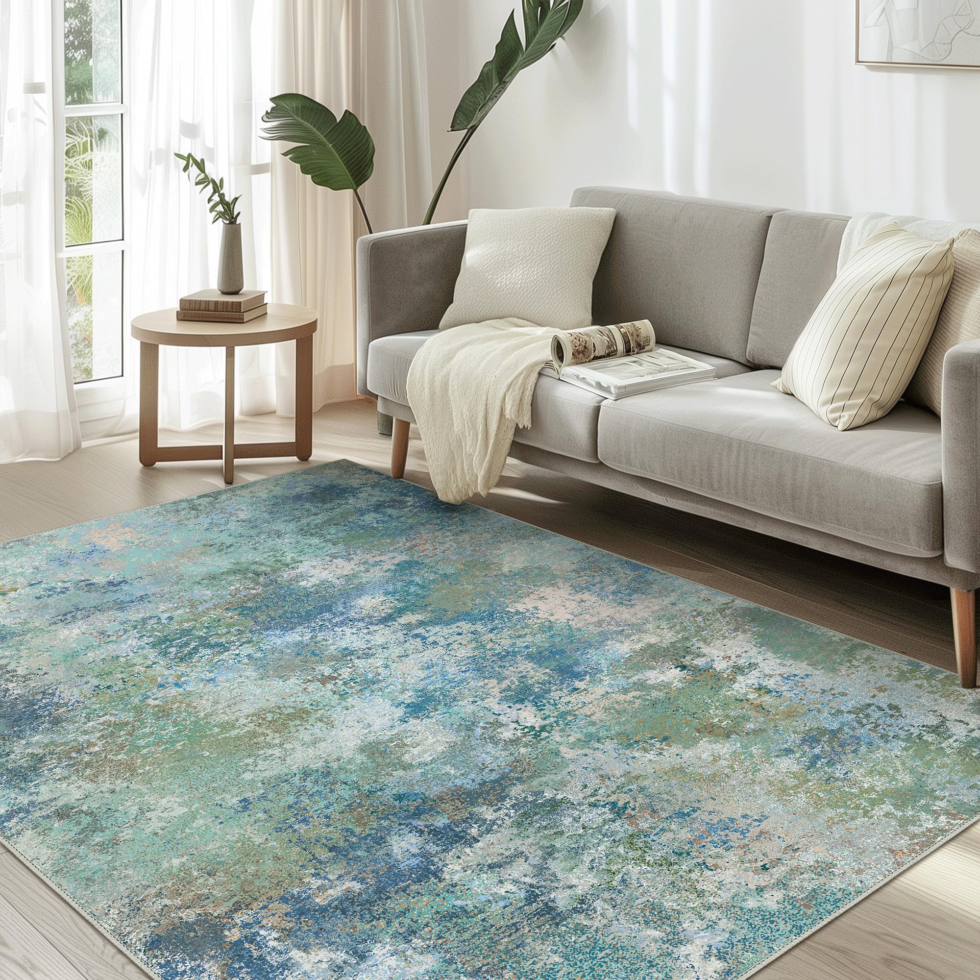 Area Rugs 10x12 Machine Washable Rug for Bedroom Living Room Dining Room, Large Modern Abstract Soft Rugs, Indoor Low Pile Carpet with Non Slip Rubber Backing, Abstract Blue Green