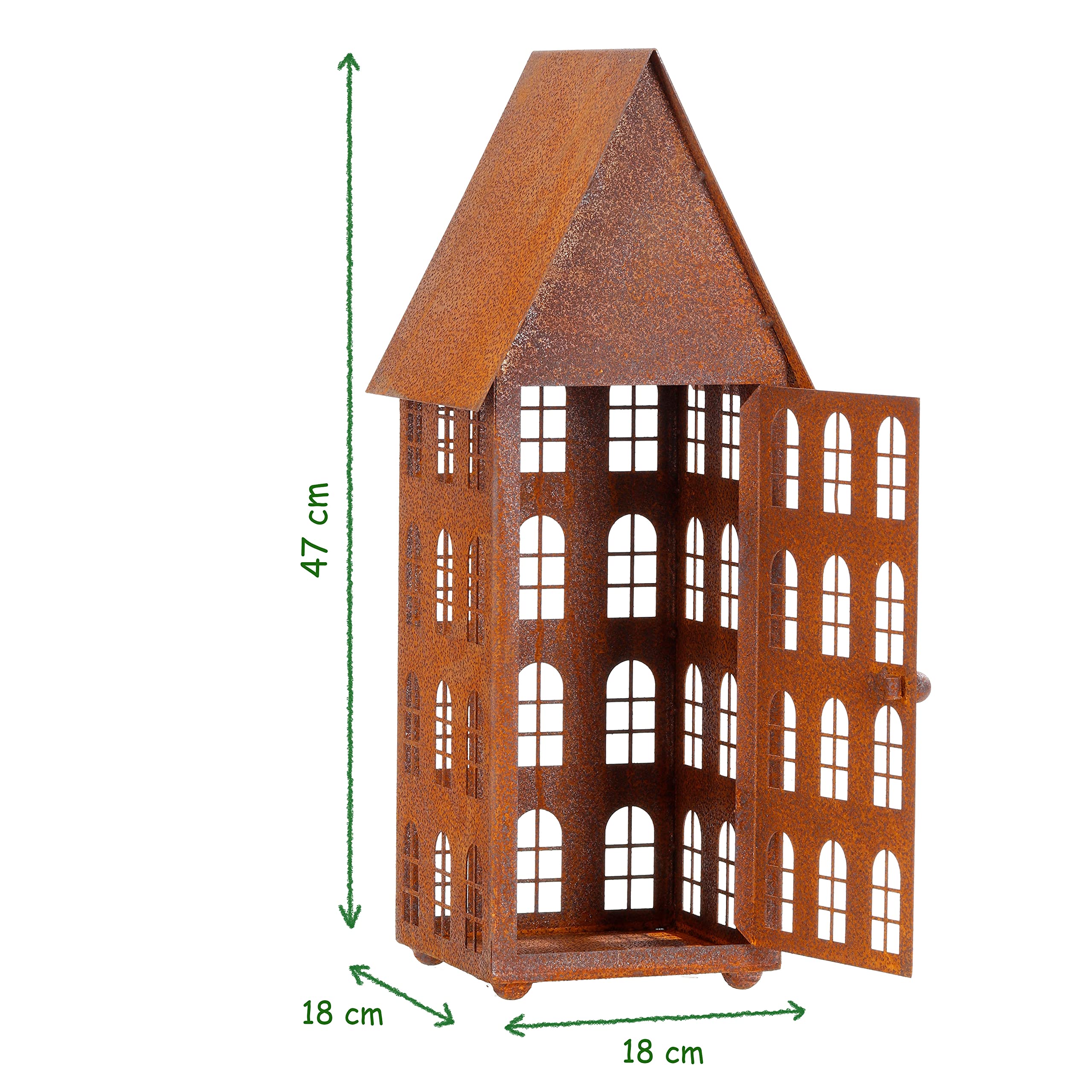 Gartendeko Haus hoch Laterne Gartenlicht zum Stellen Metall Rost Deko (15 x 15 x 45 cm)