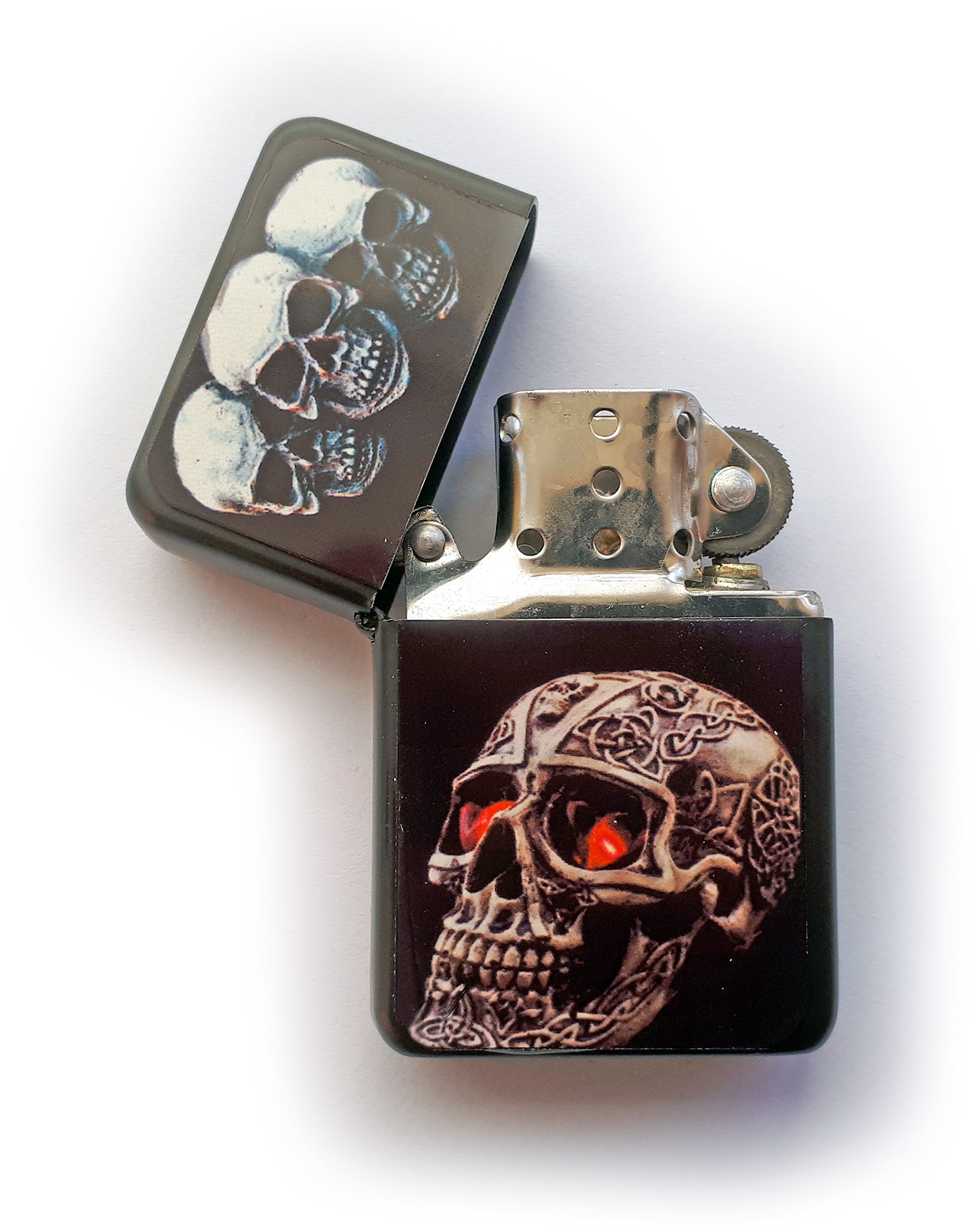 Stoneys Badges Black Gothic Skulls Petrol Lighter In Pouch 1950'S Style Biker Goth