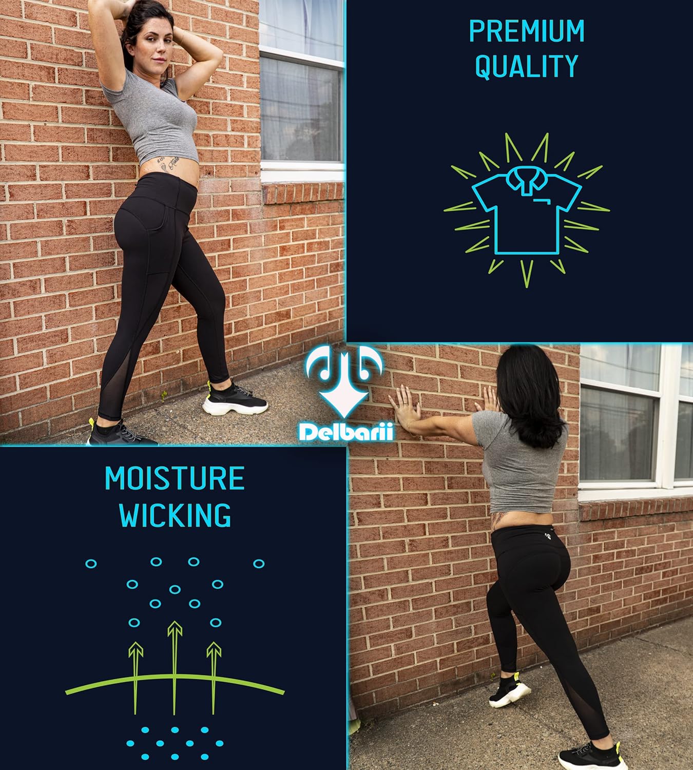 Women's Yoga Pants with Tummy Control, Calf Mesh, 2 Side and 1 Back Zipper Pocket, and Drawstring