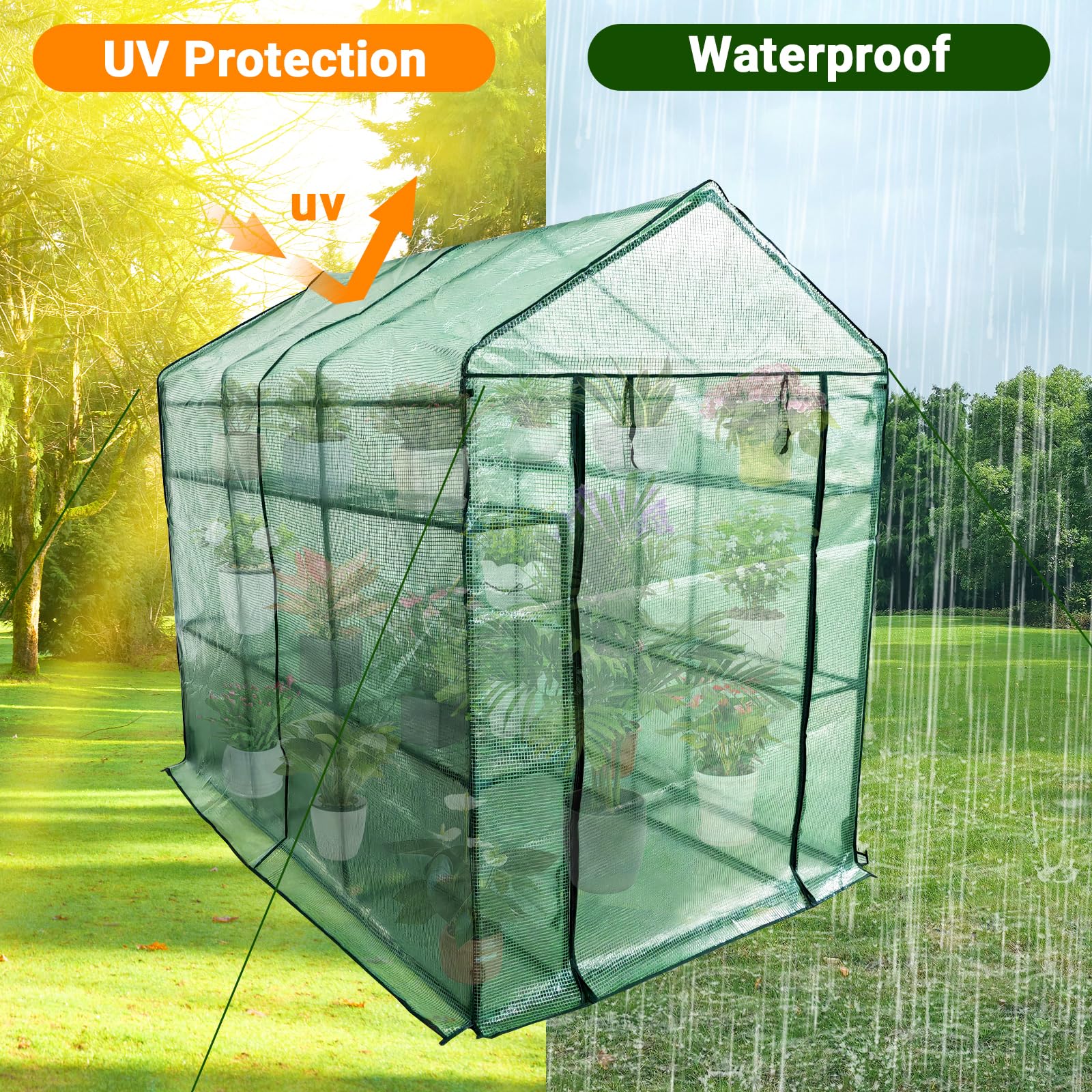GarveeHome Invernadero portátil Walk-in,Exterior con estantería,143*215*195 | estructura de acero, cubierta PE/PVC impermeable y con protección UV, puerta enrollable con cremallera