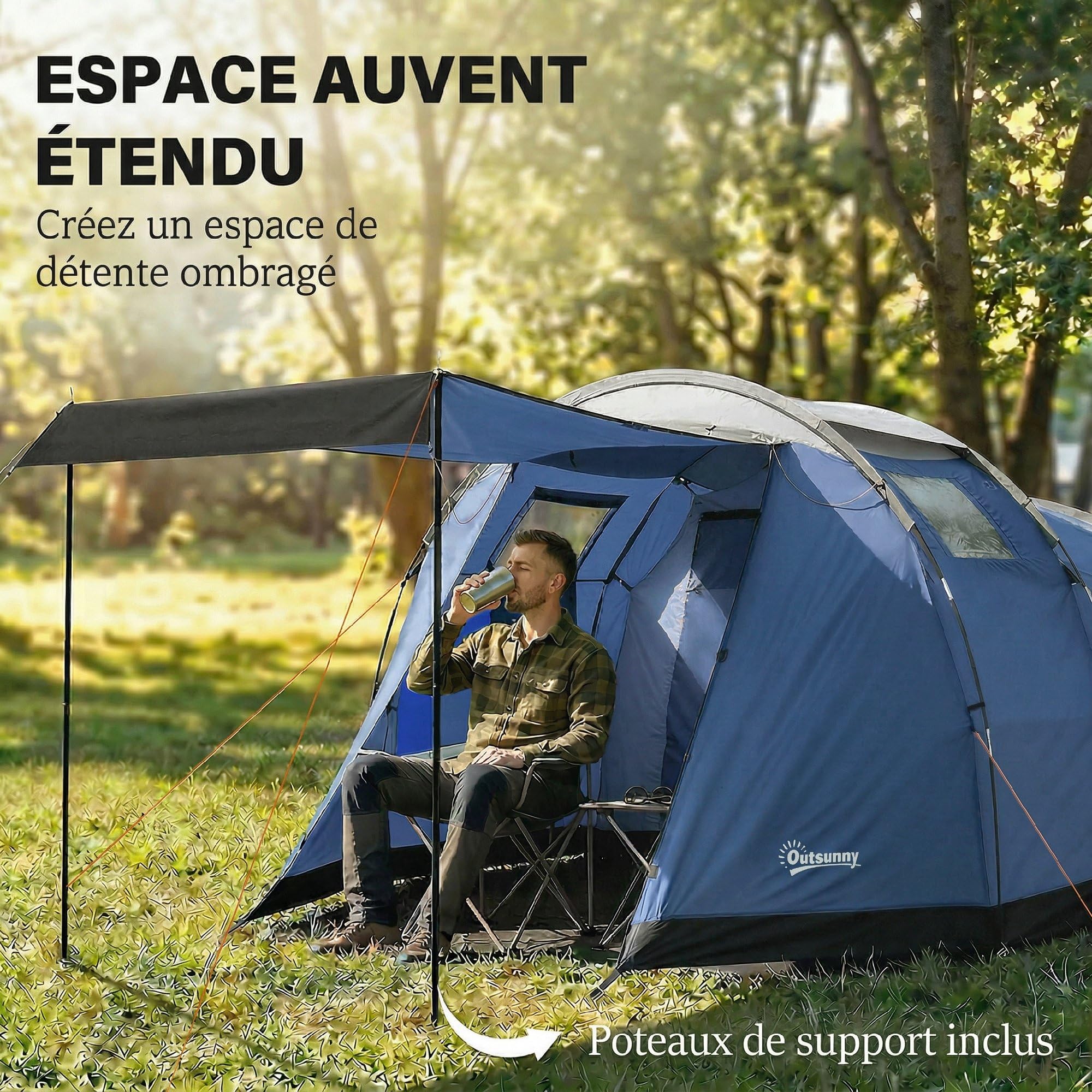 Outsunny Tente de Camping Tunnel pour 4 Personnes Imperméable 3000mm - Séjour Spacieux Double Couche Hauteur 190cm - Abri de Jardin pour Bivouac Randonnée avec Auvent, Bleu Foncé