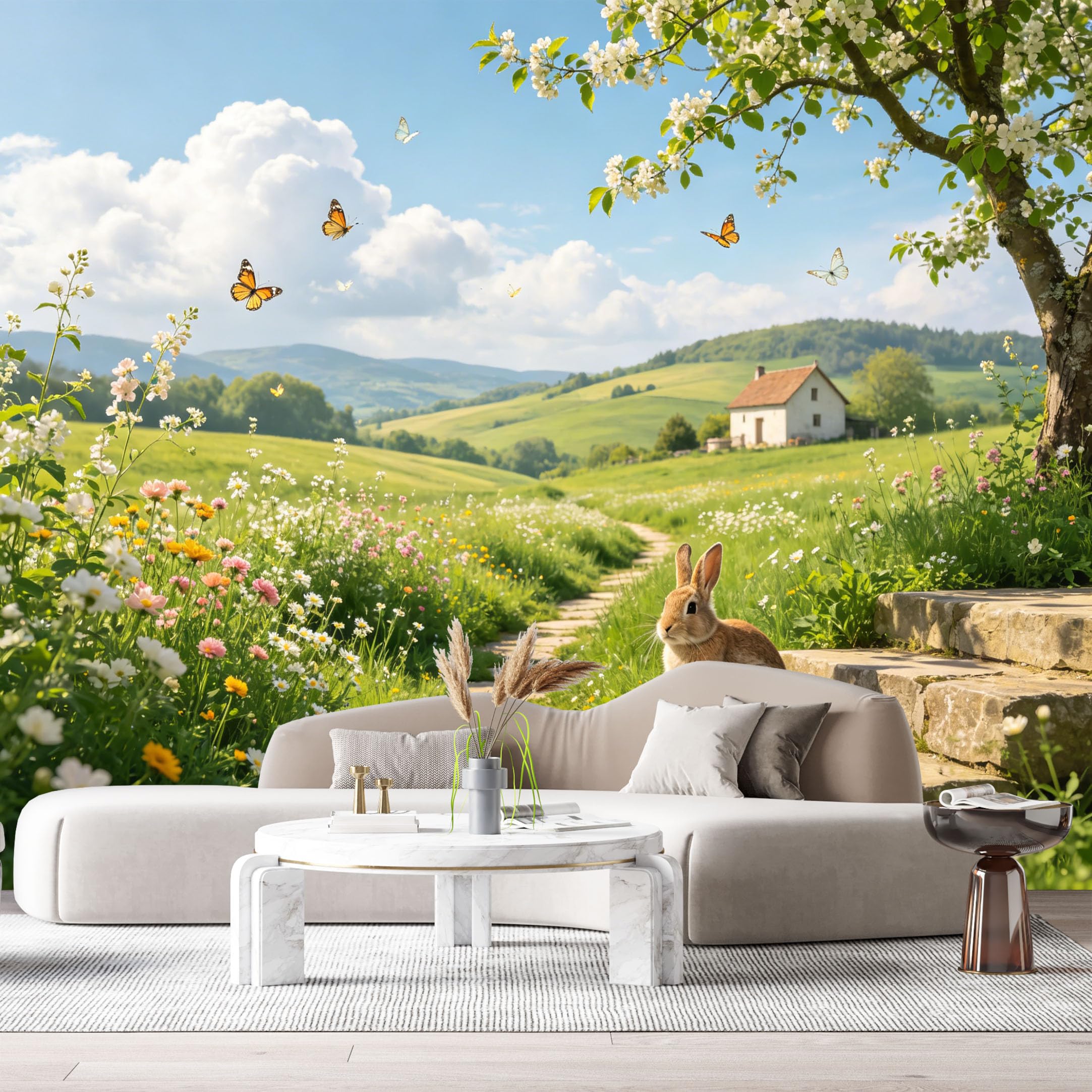 Custom Size Wall Murals Farmhouse Landscape Spring Meadow Stone Path Wildflowers Butterflies SelfAdhesive Wall Fabric Removable Large Wallpaper Photo for Living Room