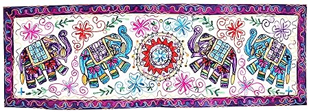 Purpledip Cotton Tapestry 'Elephant Pride': Vintage Embroidery Table Runner or Wall Hanging (11486)