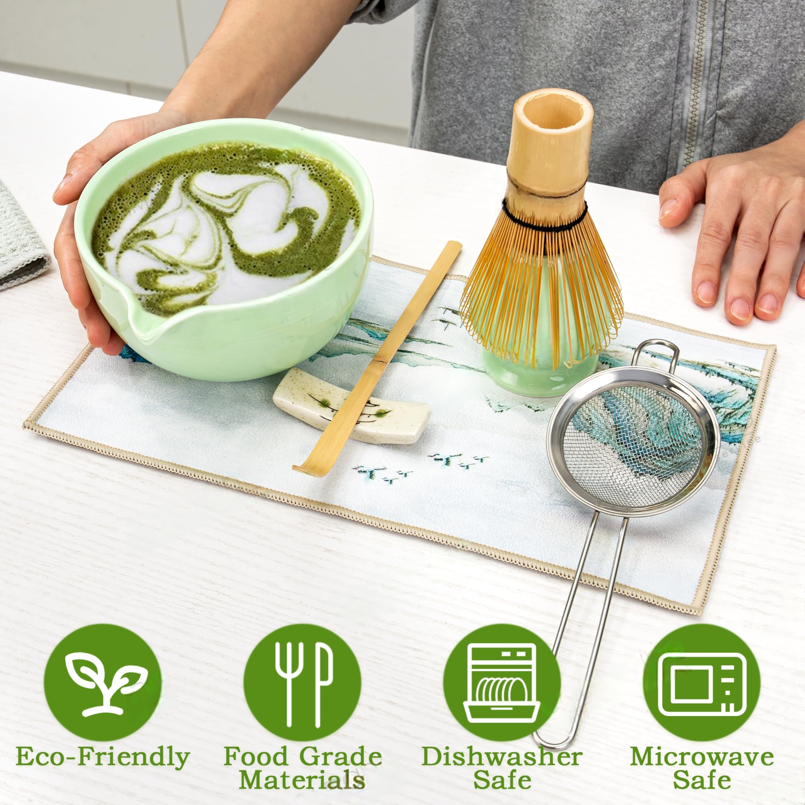 Japanese Matcha Whisk Set 5-Piece Kit - Bowl, Whisk (Chasen), Scoop, Sifter & Holder (Gradient Green) - View #10