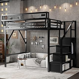 KEIKI Full Size Metal Loft Bed Frame with Convertible Staircase, Built-i...