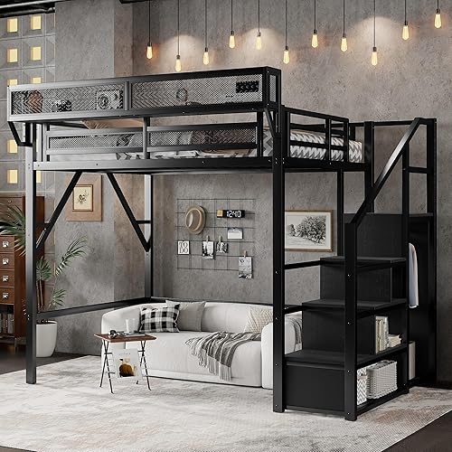 KEIKI Full Size Metal Loft Bed Frame with Convertible Staircase,