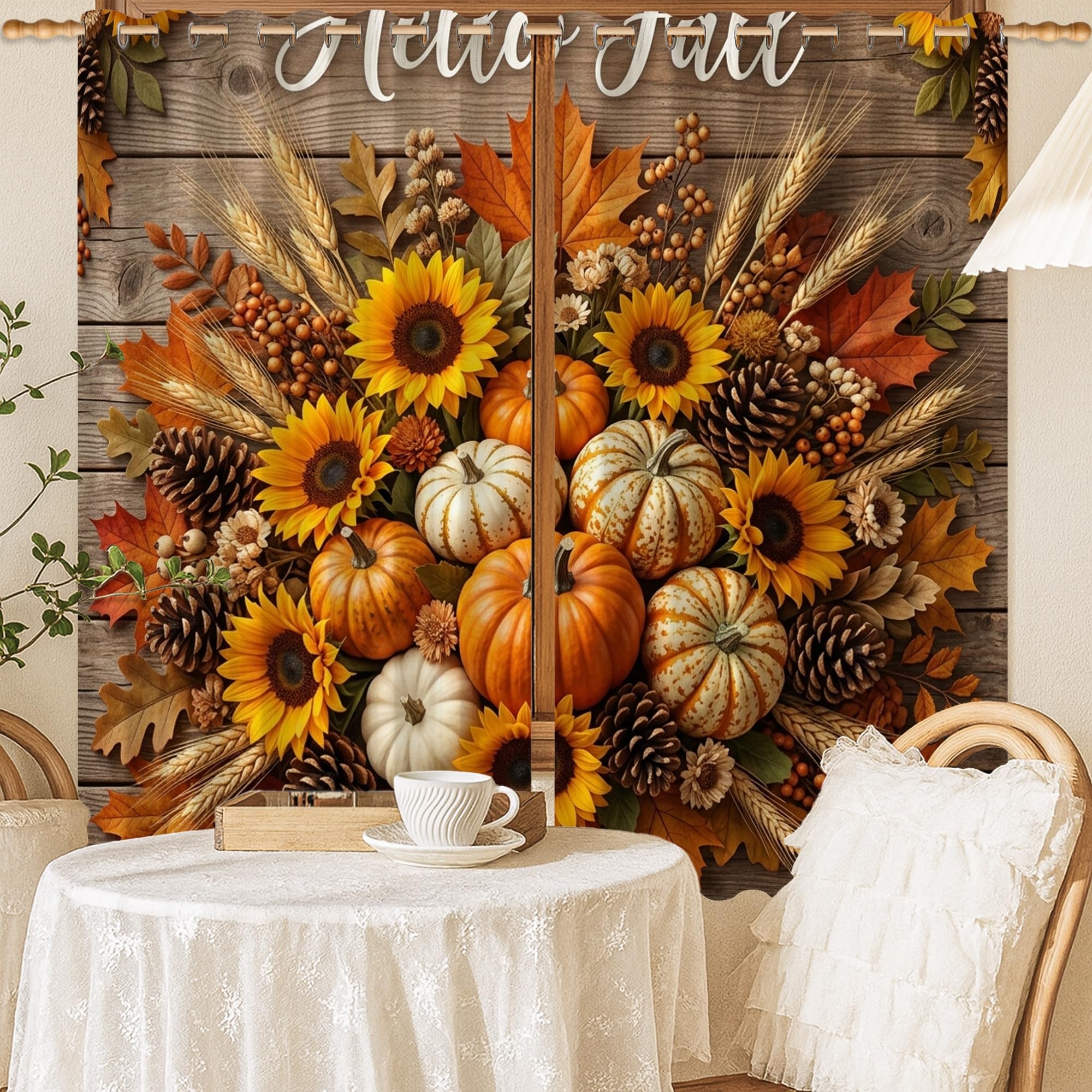 Rideaux occultants orange automne motif tournesol et citrouille 132x137cm
