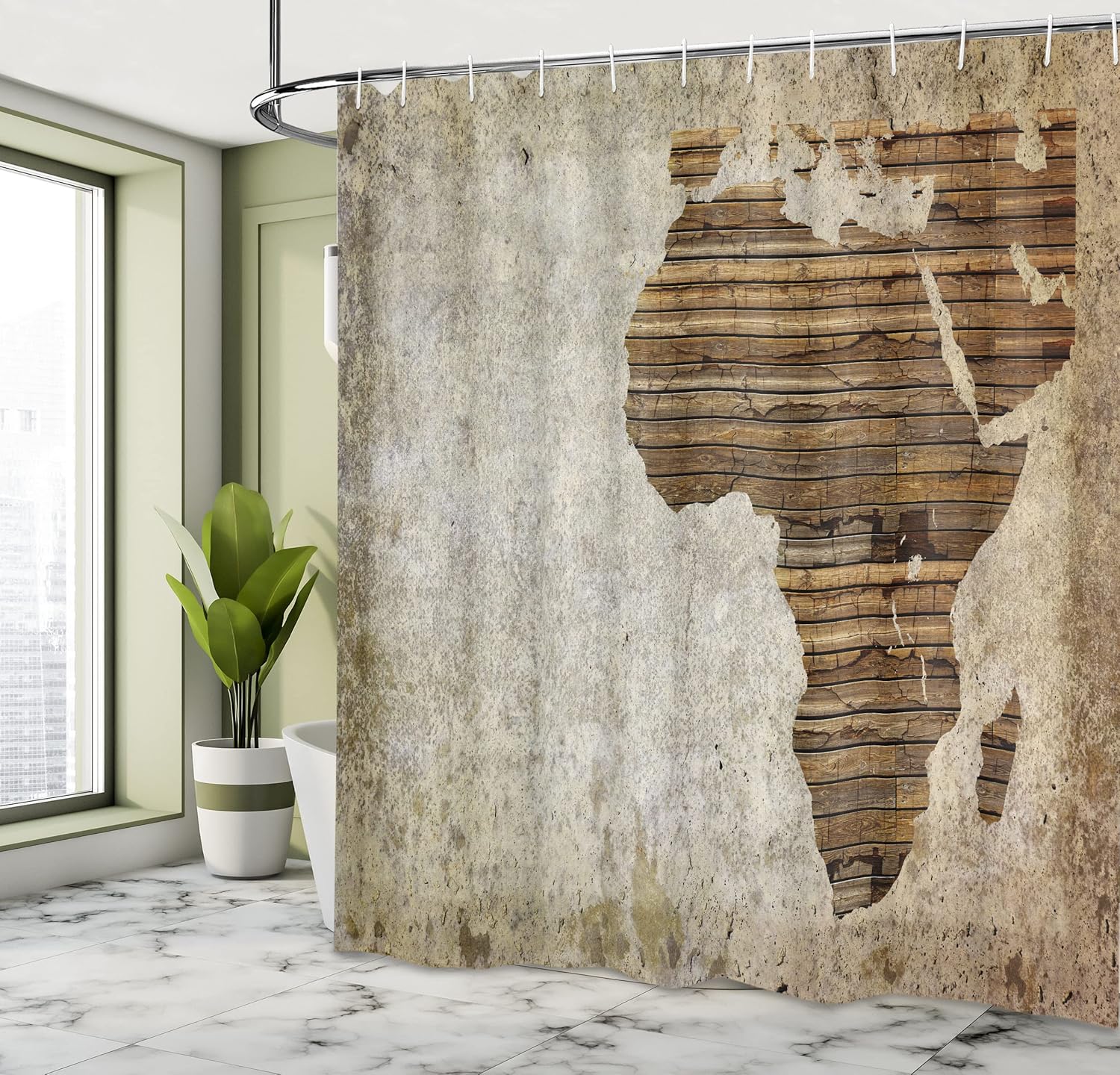 Ambesonne African Shower Curtain, Geography Theme Grunge Vintage Wooden Plank and Map Digital Print, Cloth Fabric Bathroom Decor Set with Hooks, 69" W x 70" L, Tan Umber and Brown