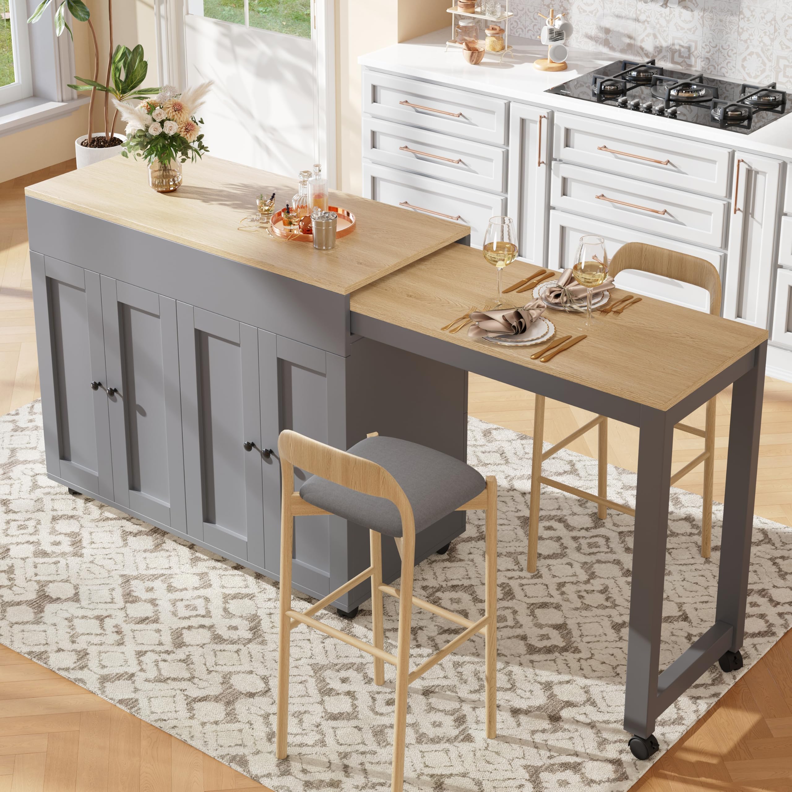 Ausziehbarer Bartisch mit Vielseitiger Stauraum, 360° Drehbarer Stehtisch Kücheninsel mit Verstellbare Tischplatte 131.5-210cm, Kücheninsel mit Rollen, Grau-B, 210x45x92 cm(Ohne Hocker)