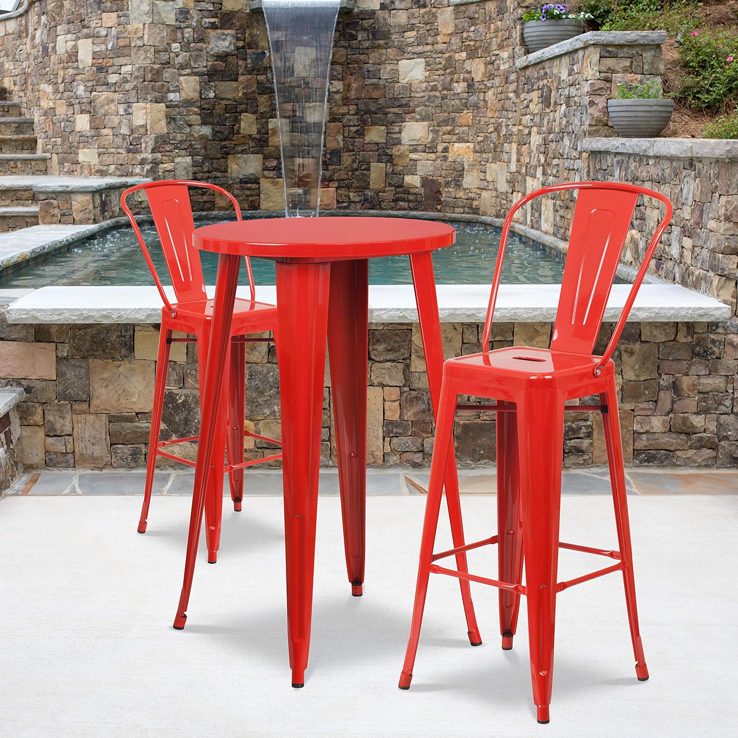EMMA + OLIVER Commercial Grade 24 Round Red Metal Indoor-Outdoor Bar Table Set-2 Cafe Stools