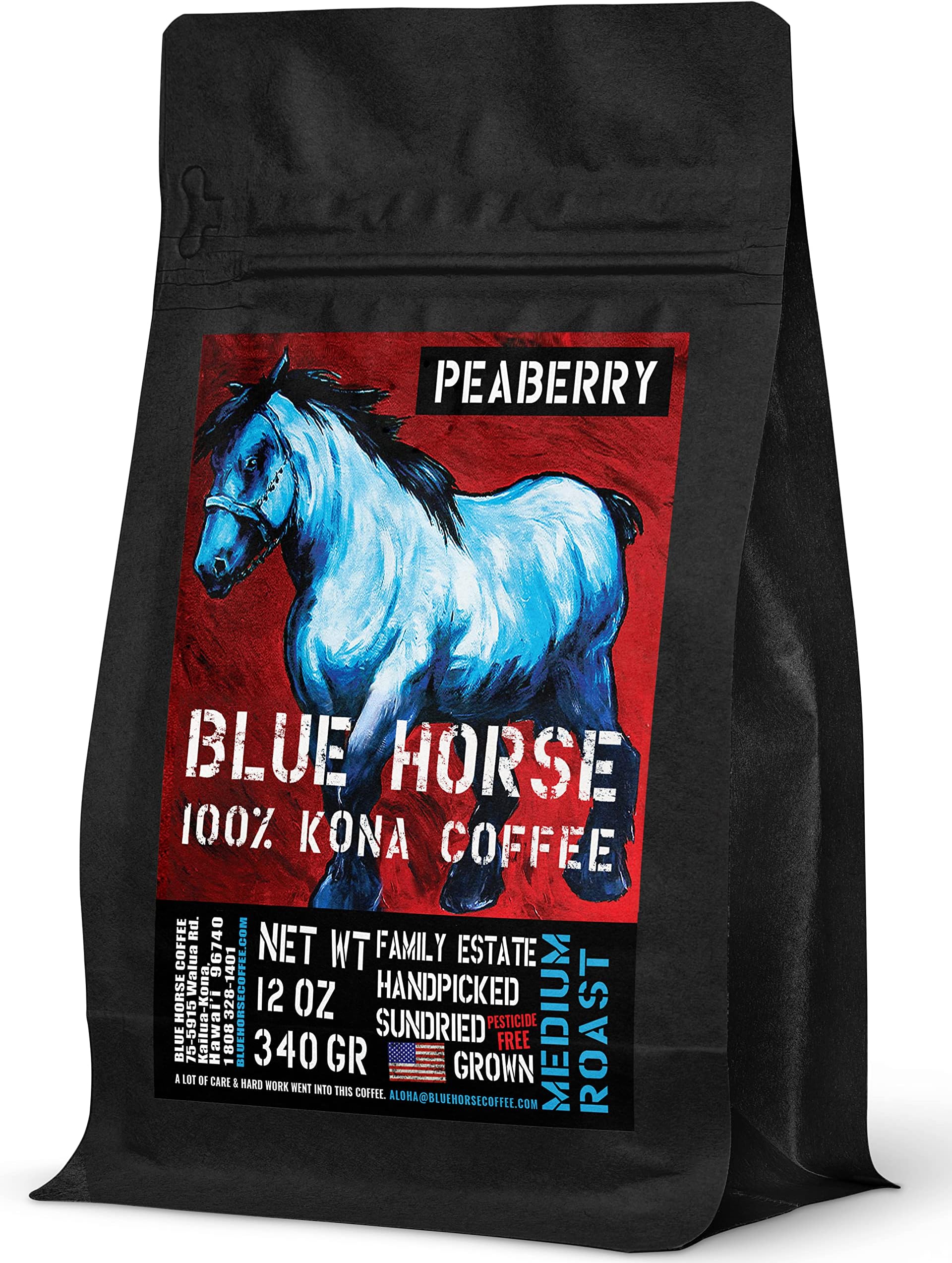 Blue Horse 100% Kona Coffee Peaberry, Medium Roast, Arabica Whole Beans, 12 oz Bag, Farm Fresh, Authentic Hawaiian Coffee from the Big Island
