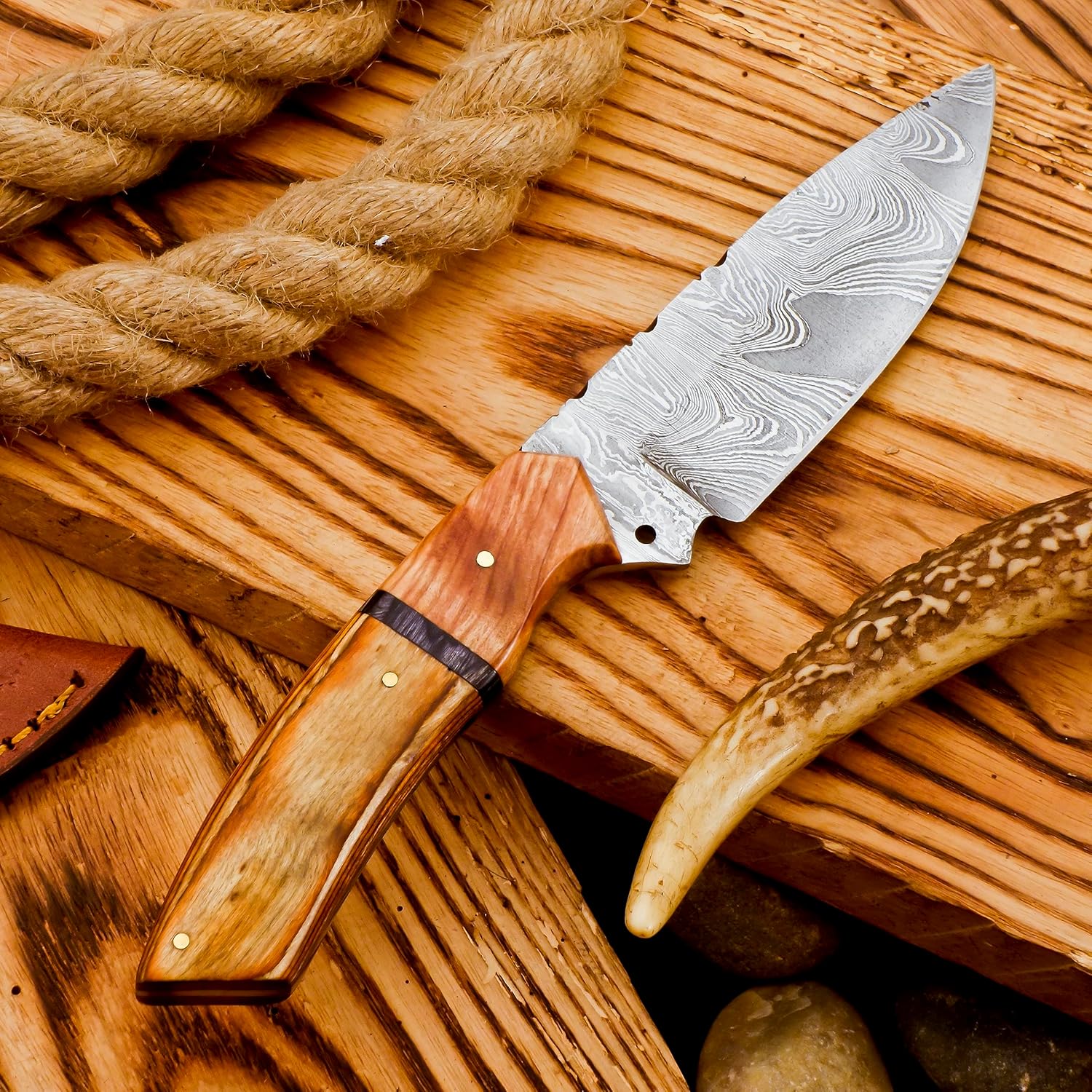 Damascus Hunting Knife 9" Fixed Blade Hunting Knifes with Leather Sheath |Damascus Knives for Outdoor Survival Camping Bushcraft Knive for Skinning Handmade Damascus Steel Skinner Knife's (VK-HK-11)