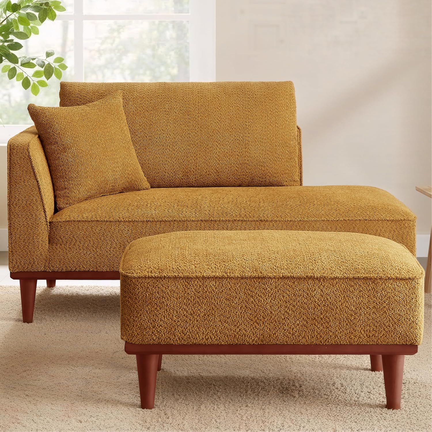 Left Arm Facing Chaise Lounge Chair Indoor with Wooden Base,Orange Chaise Lounge Chair with Ottoman,Small Fainting Couch,Comfy Sherpa Oversized Chairs for Living Room