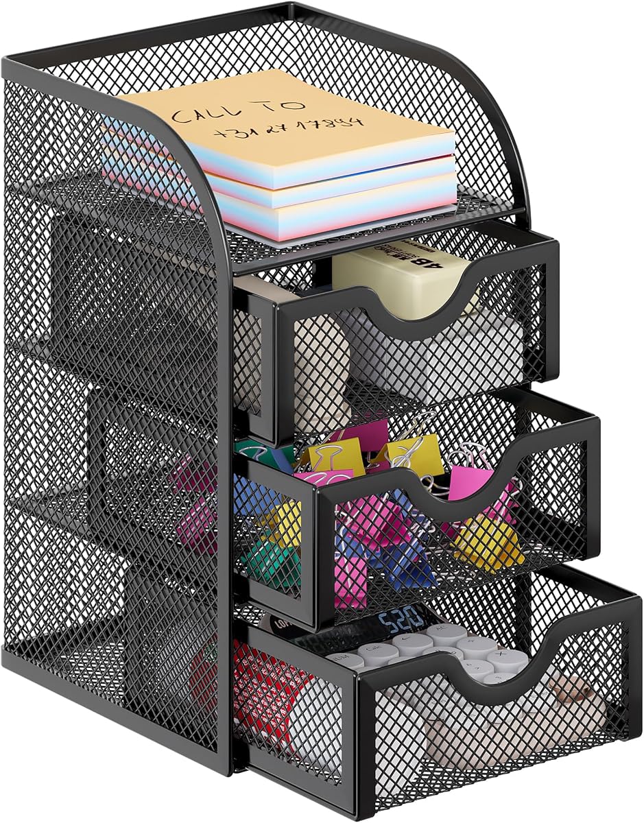 Organizador de escritorio de malla con 3 cajones, organizadores de escritorio de oficina y accesorios, carrito de papelería para oficina, hogar, estudiantes, negro