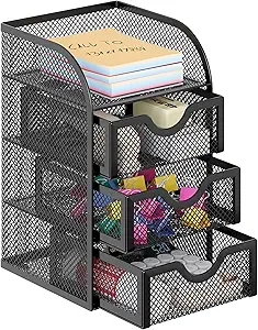 EasyPAG Mesh Desk Organizer with 3 Drawers, Office Desktop Accessories Caddy, Black