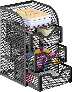 EasyPAG Mesh Desk Organizer with 3 Drawer Office Desktop Organizers and Accessories Stationery Caddy for Office, Home, Students, Black