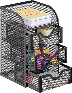 EasyPAG Mesh Desk Organizer with 3 Drawer Office Desktop Organizers and Accessories Stationery Caddy for Office, Home, Students, Black