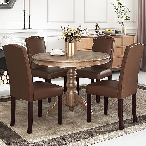 Miniatura 12 de LSSBOUGHT Juego de 2 sillas de comedor de poliuretano tapizadas Parsons con clavos de cobre y patas de madera maciza para comedor, restaurante