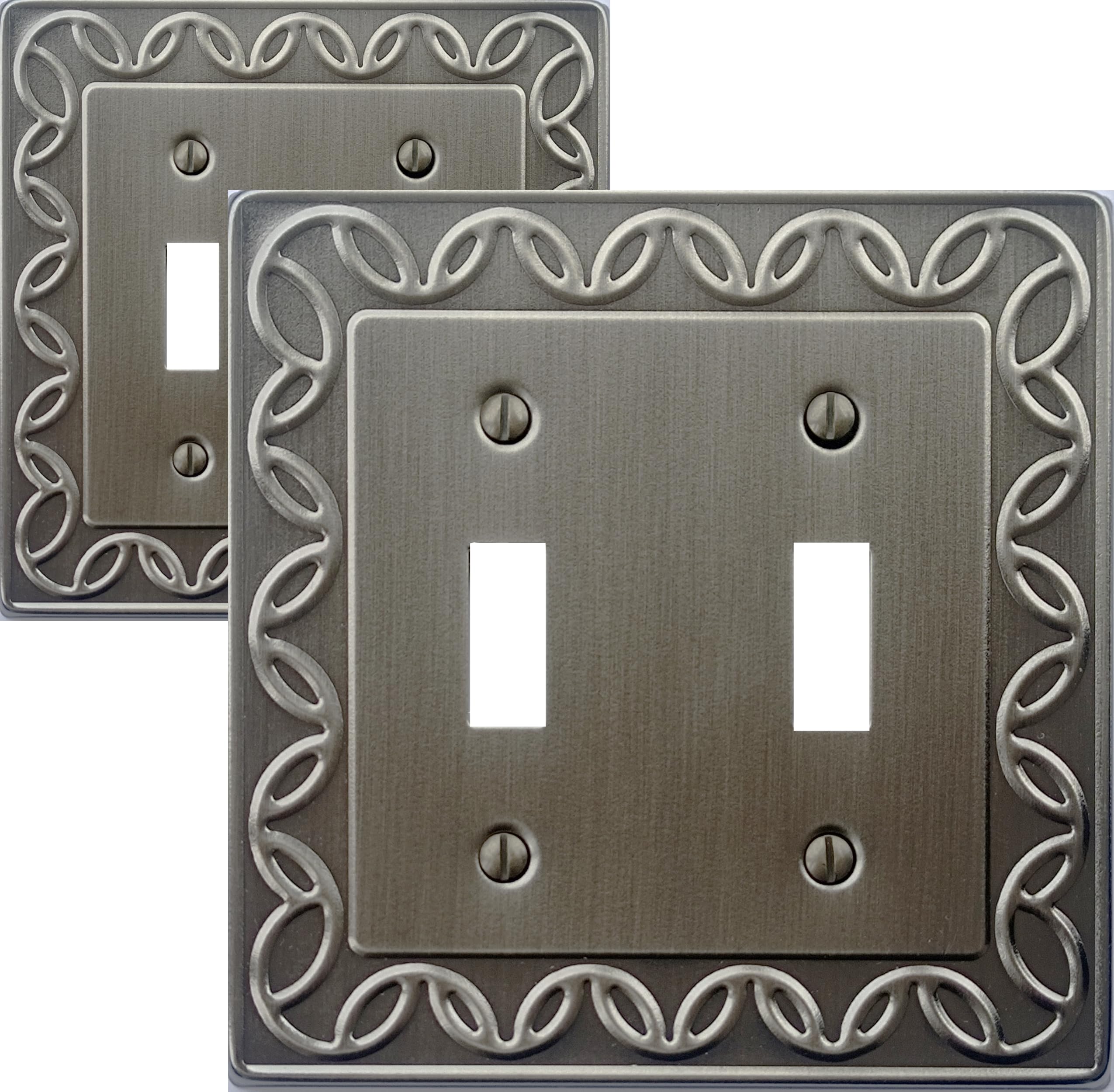 OKAWYC Double Toggle Light Switch Cover NovaBloom Metal Wall Plate, 2-Pack Brushed Satin Pewter Antique Nickel 2 Gang, Light Switch Cover Decorative