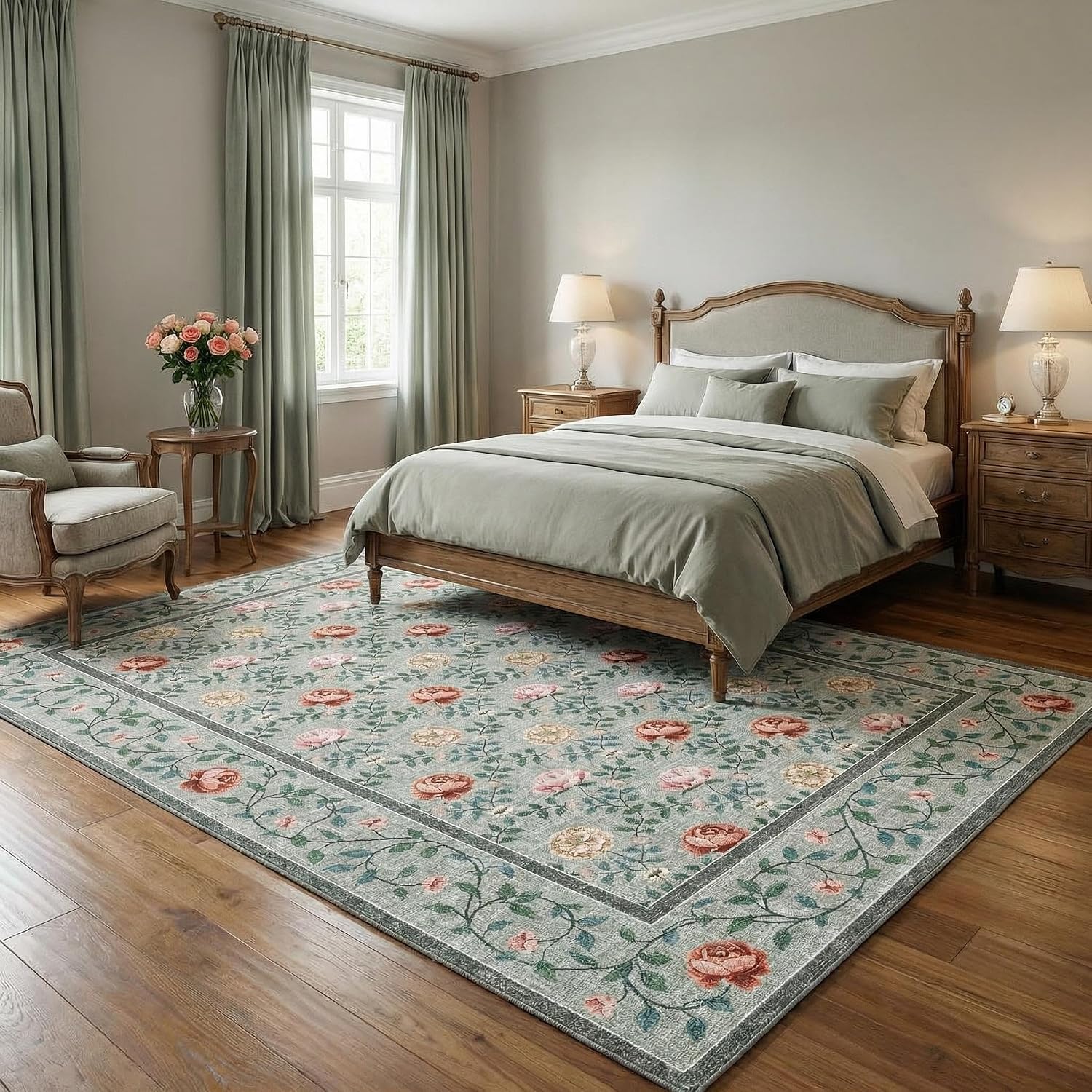 GarveeHome Floral Living Room Rugs, Washable 8x10 Area Rug Vintage Soft Boho Non-Slip Carpet Indoor Floor Stain Resistant Carpets for Bedroom Dining Room Nursery Farmhouse, Grey Green