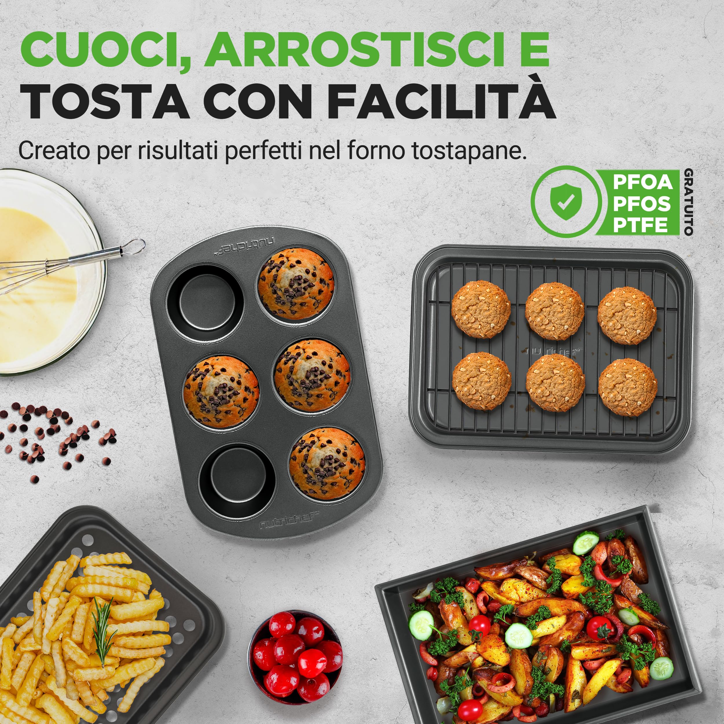 NutriChef Set 6 Teglie da Forno 6 Pezzi, Teglie Forno per Pane, Patatine, Dolci, Torta, Biscotti, Stampo Muffin in Acciaio Resistente