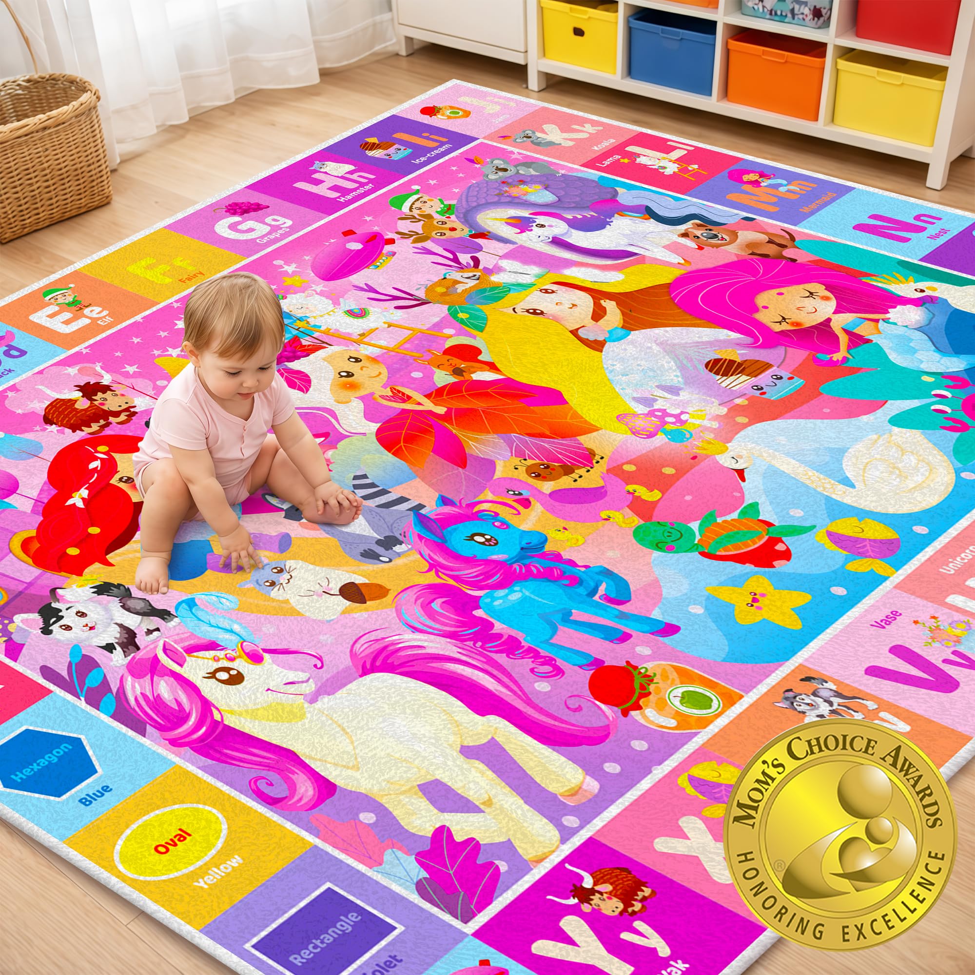 QUOKKA Baby Play Mat For Floor - 112x150 cm ABC Rug For Kids with Unicorn Princess - Extra Thick (0.8cm) - Non-Slip Padded Nursery Mat for Crawling & Fun - Toddlers & Infants Foldable Gift Rug