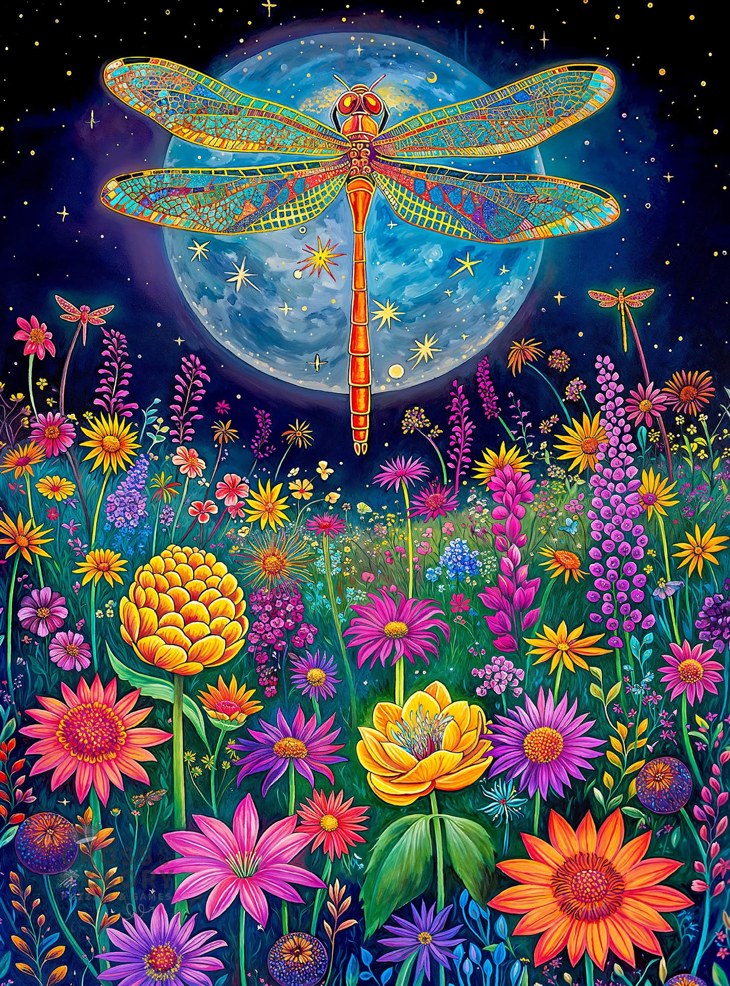 Cross & Glory - 1000 Piece Jigsaw Puzzle for Adults | Lunar Symphony: The Dragonfly’s Tale | Best New Enchanted Nature Puzzle | Vibrant Nighttime Artwork| 20x27 Inches | Flower Puzzle