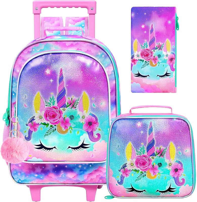 gxtvo Girls Rolling Backpack, Cute Unicorn Roller Wheels Kids Bookbag - Wheeled Elementary School Bag - 3PCS Unicorn