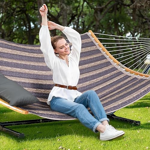 Miniatura 24 de SUNCREAT Hamaca portátil para exteriores con soporte, hamaca resistente con bolsa de transporte, almohada suave, cuerdas de equilibrio, azul oscuro